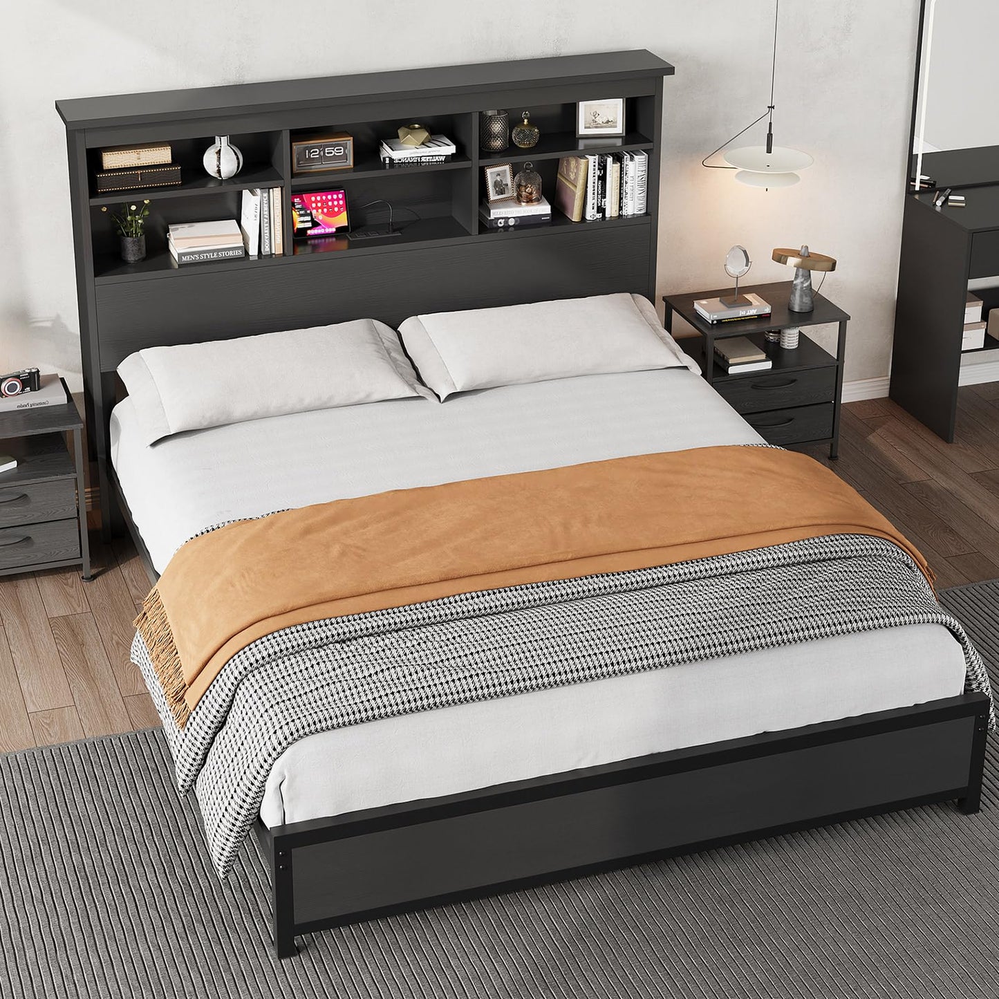 GarveeHome Queen Size Bed Frame with Bookcase Headboard, 2-Tier Storage Queen Platform Bed with Charging Station, No Box Spring Needed Easy Assemble Black Mattress Foundation for Bedroom