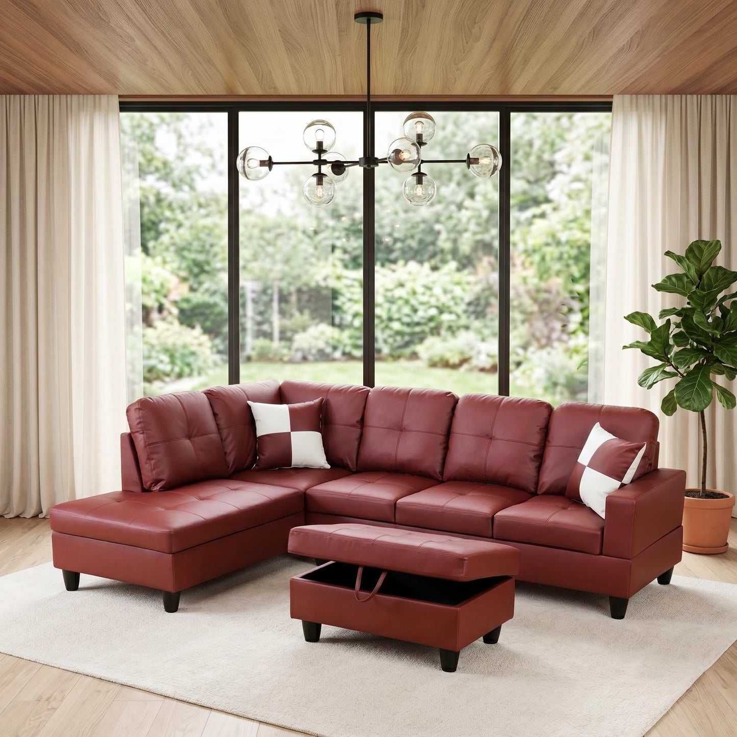 Topcomfy Leather L Shaped Sectional Couches for Living Room - 97.5“ x 66.5" Modular Sectional Sofa with Storage Ottoman, 4 Seat Home Sofa Living Room Furniture Sets with Chaise for Apartment, Brown
