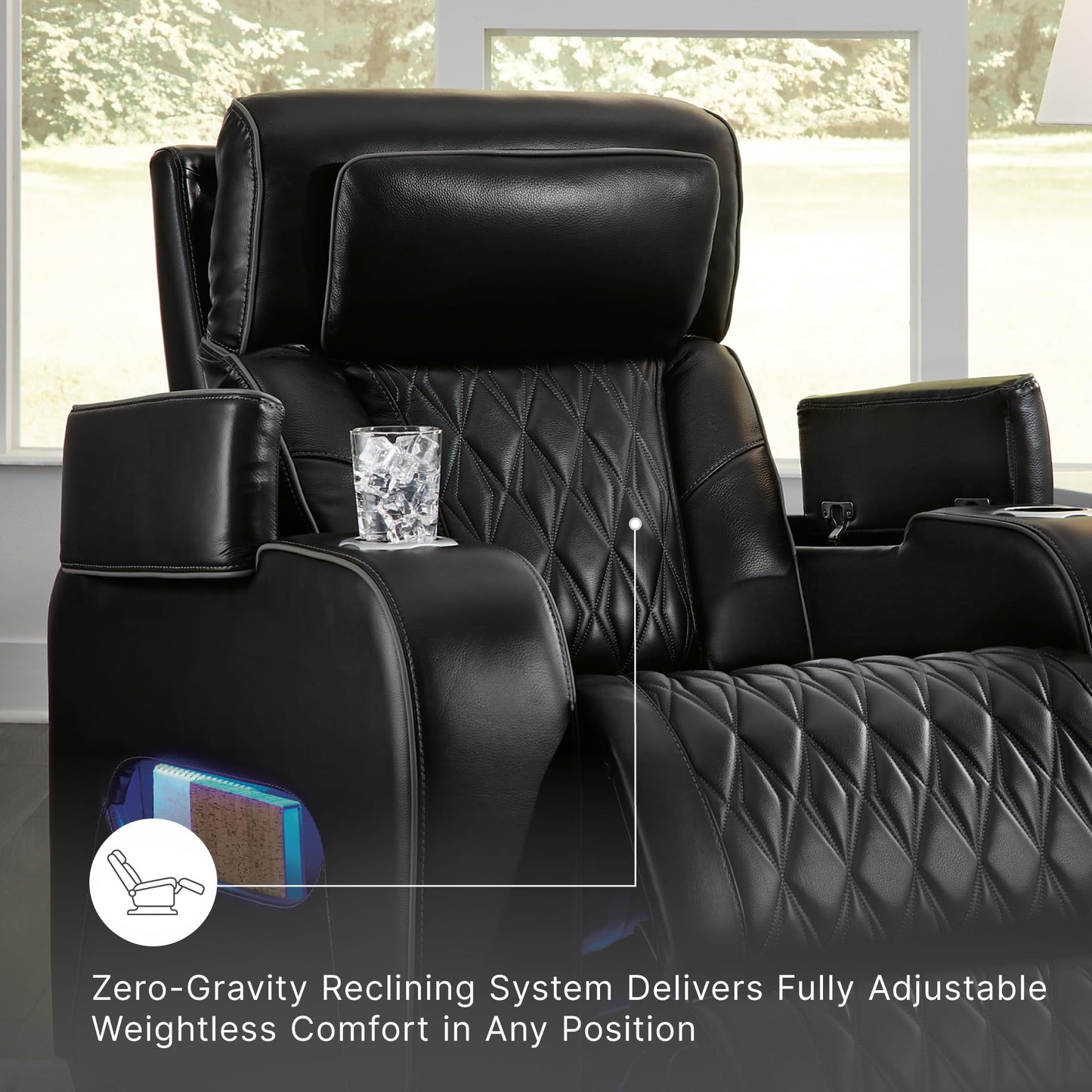 Signature Design by Ashley Boyington Contemporary Leather Match Power Recliner with Adjustable Headrest, Cup Holders, USB Port and Air Massage System, Black