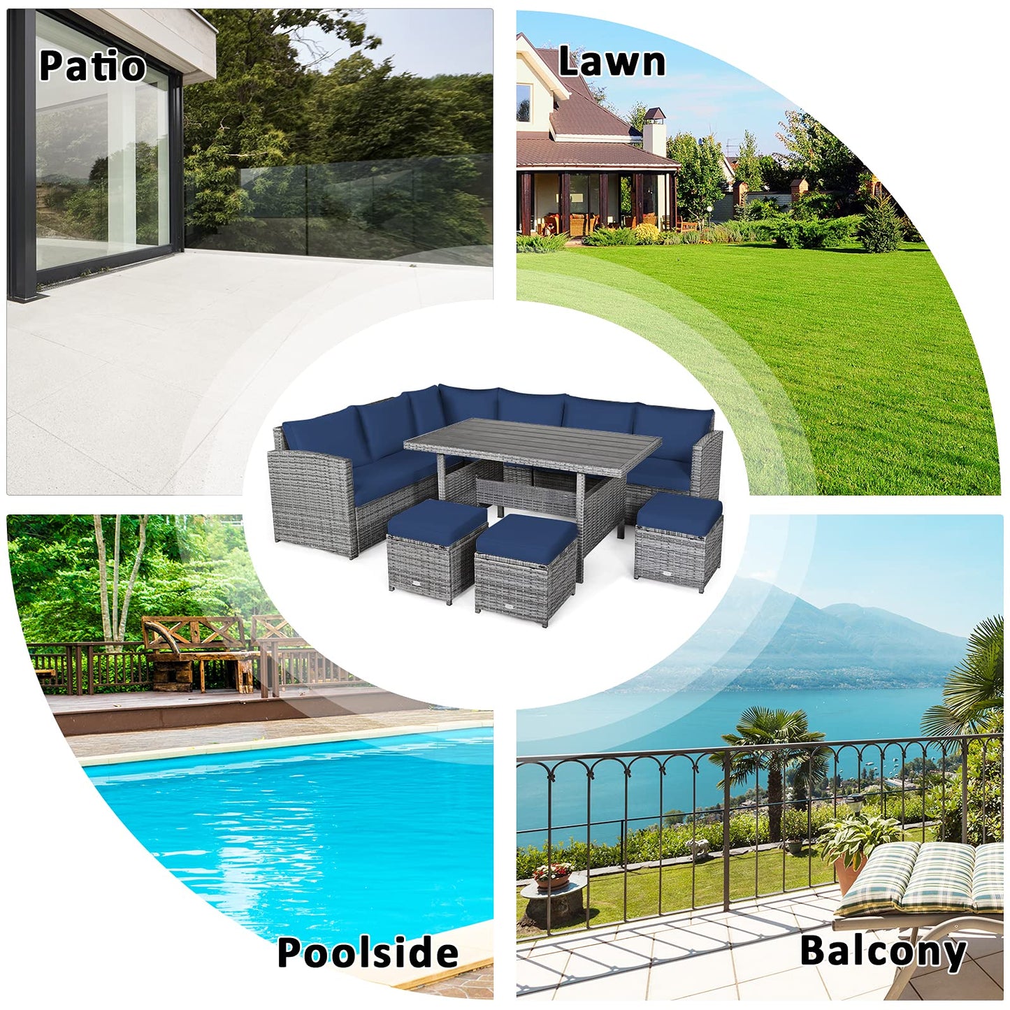 Tangkula 7 Pieces Patio Furniture Set, Outdoor Sectional Rattan Dining Sofa Set with Cushions, All Weather Wicker Conversation Couch Set with Dining Table & Ottomans for Yard Garden Poolside, Navy