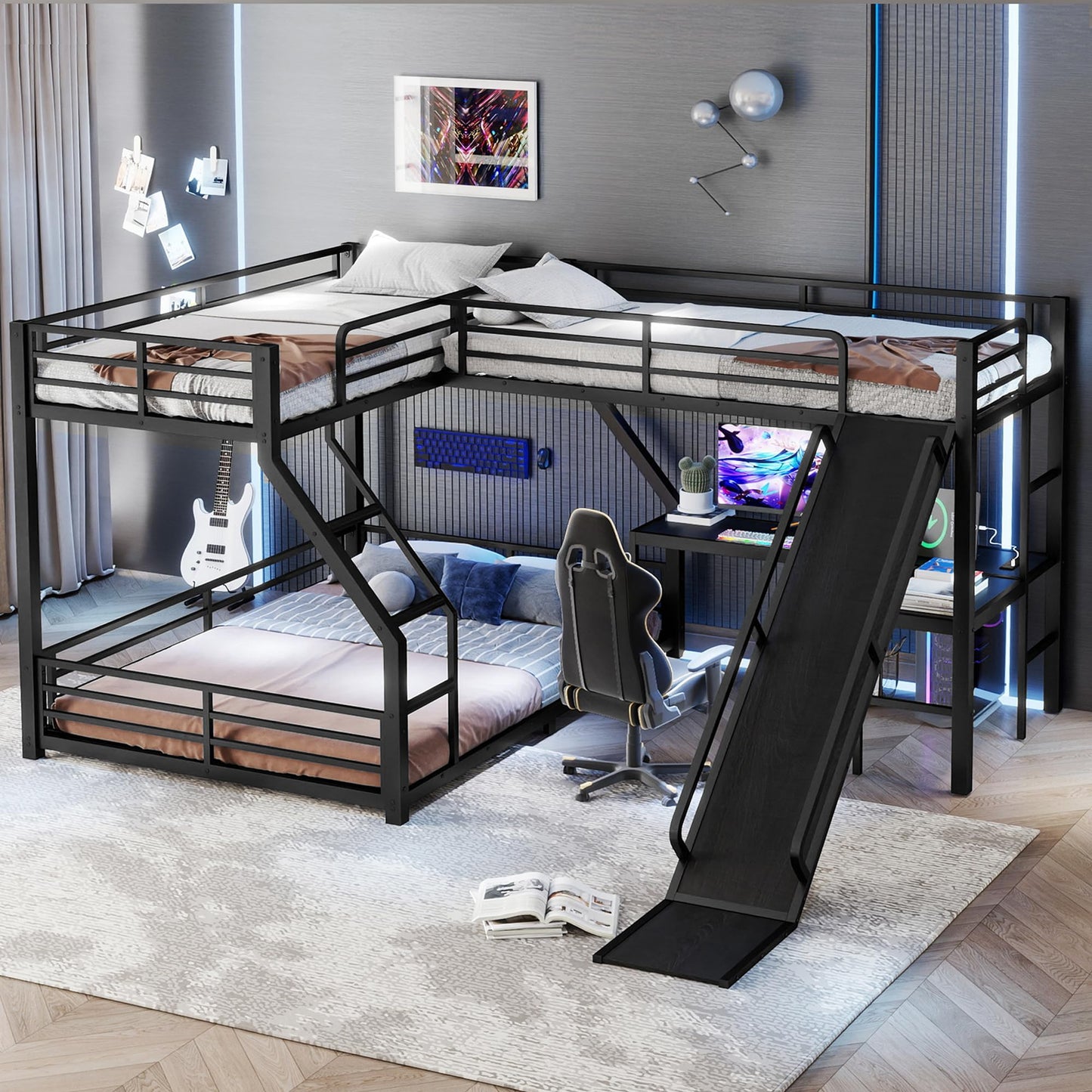 Metal Twin XL Over Queen Bunk Beds with Twin Loft Beds, Heavy Duty Triple Bunk Bed Frame with Slide and Desk,L-Shaped Triple Bunk Beds with Charging Station for 3 Kids,Black