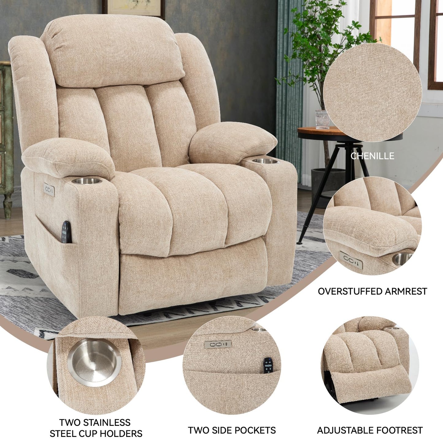 KEIKI Recliner Chair with Vibration Massage and Heating, Home Theater Seating with USB and Type-C Ports, Cup Holders for Living Room, Beige