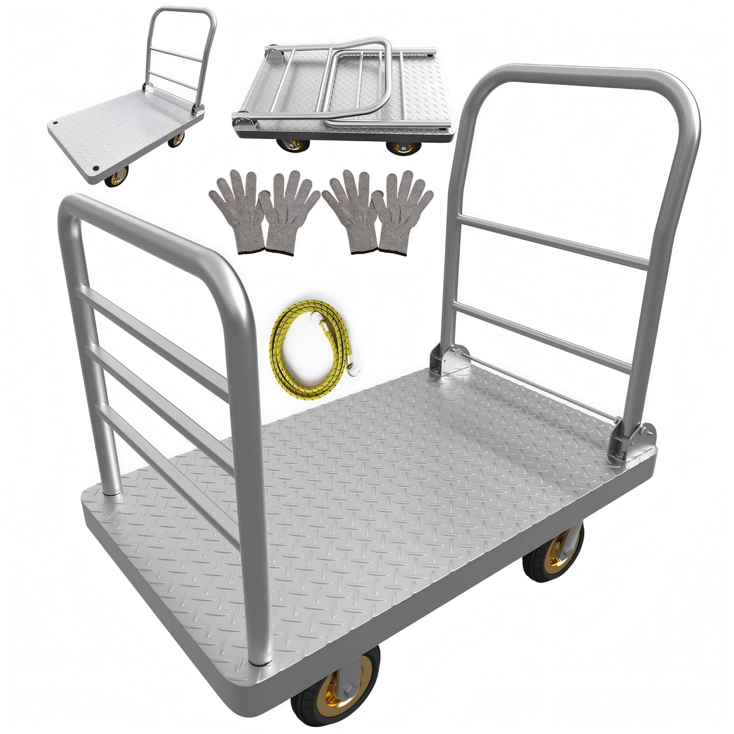 48" x 26" 2-in-1 Platform Truck Cart, 3650lbs Heavy Duty Flatbed Cart Dolly with Wheels, Industrial Cold Rolled Steel Push Cart for Warehouse & Moving, Includes 2 Pairs Gloves & Bungee Cord
