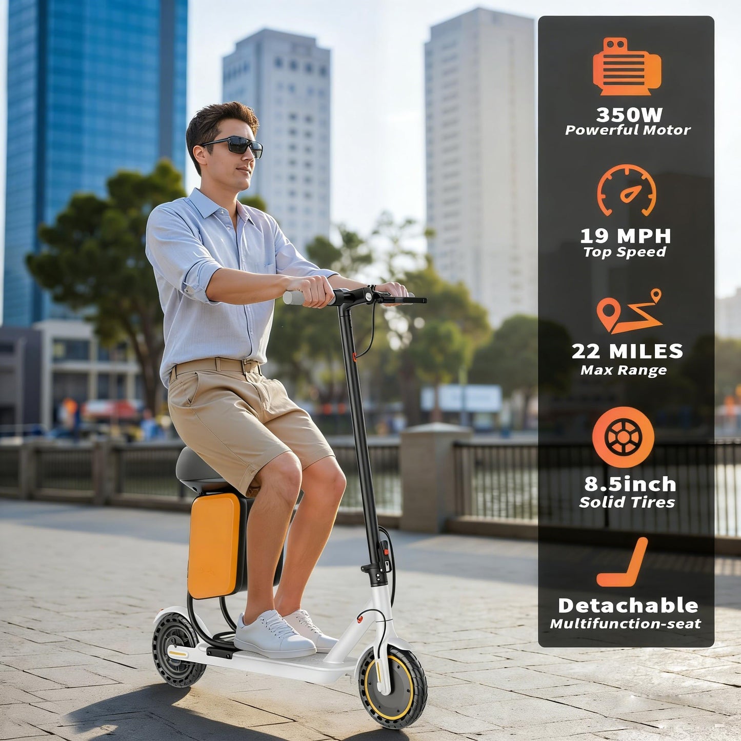 Qlaway Electric Scooter with Seat, 350W Motor, Top Speed 19Mph(31km/h), Max 22 Miles Ranges, 350W Motor, 8.5" Solid Tires, Aluminum Alloy Folding E Scooter with Dual Braking/APP Control