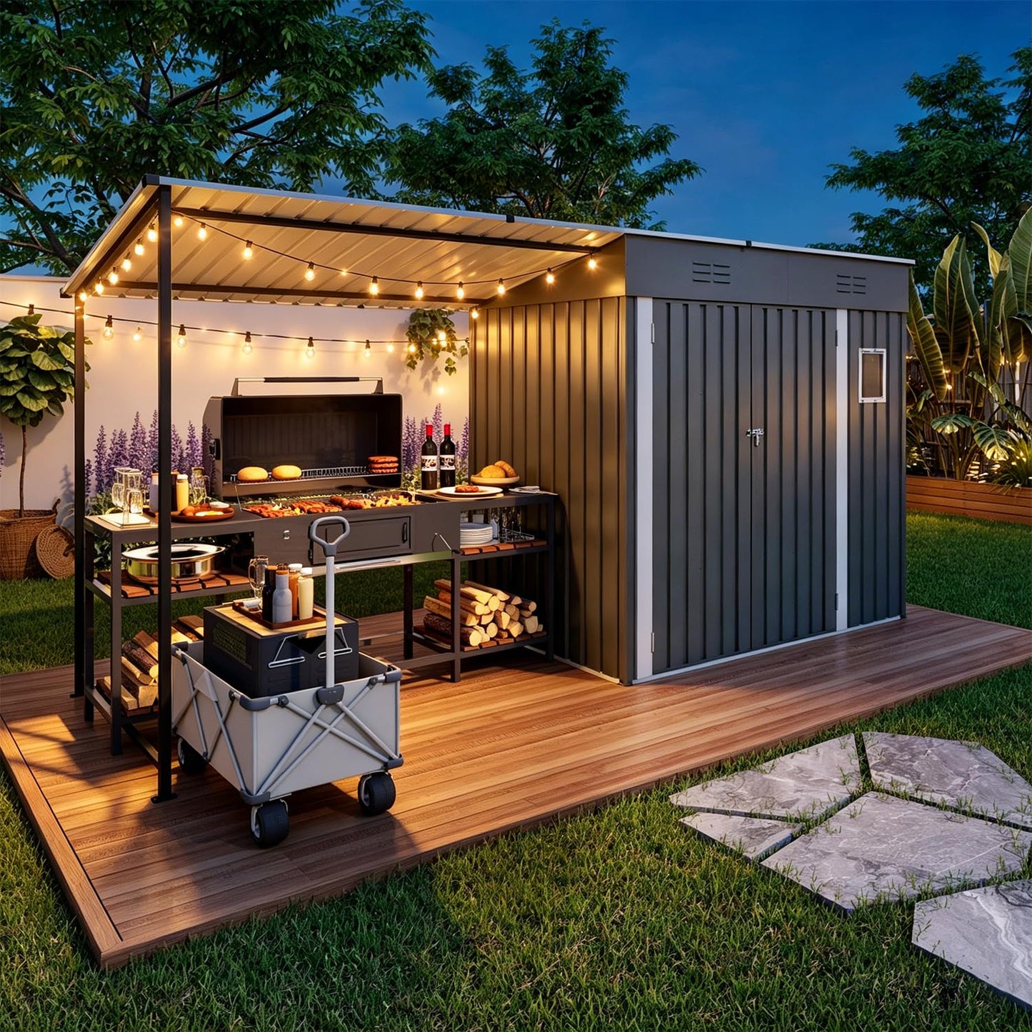 12x4FT Metal Lean-to Shed with Open-Sided Pergola, 4'x6' Outdoor Storage Shed & 6'x4' Hardtop Gazebo Combo, 2-in-1 Garden Storage Tool Shed for Patio, Backyard, Outdoor Organization Structure