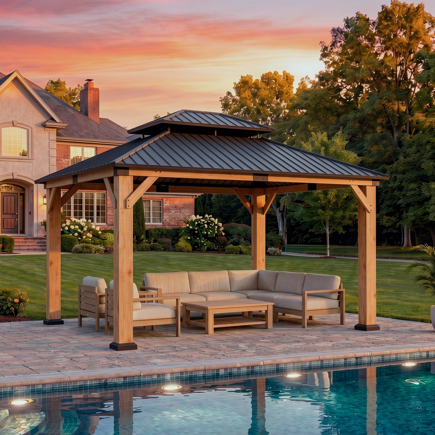 Wood Gazebo 10' x 12', Permanent Pavilion with Hardtop Galvanized Steel Double Roof, Cedar Gazebo with 4.72" Thickened Wooden Posts for Poolside, Patio, Backyard, Garden and Deck
