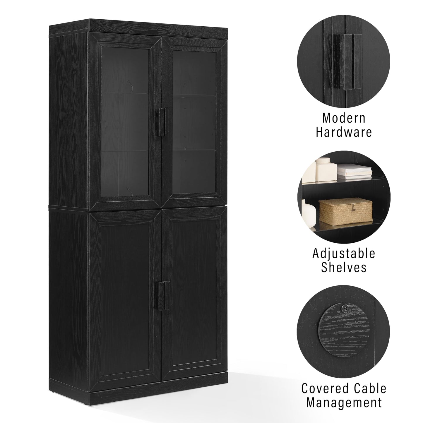 Crosley Furniture Essen Glass Door China Hutch Kitchen Pantry Storage Cabinet with Doors and Shelves, Black