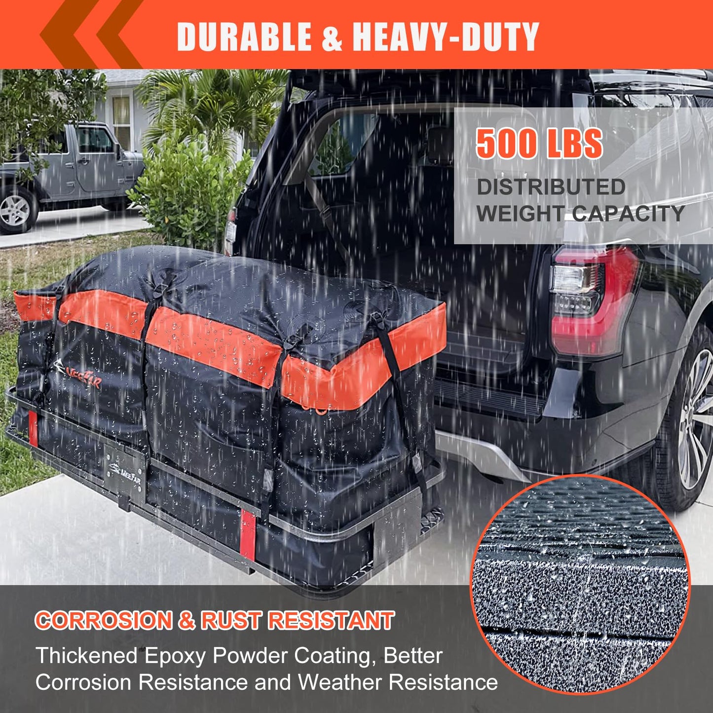 Hitch Mount Cargo Carrier Basket 60"*20"*6"+Waterproof Bag 16 Cubic Feet(58"*19"*24"),and Cargo Net with Attachment Hooks,Ratchet Straps,Hitch Stabilizer.500 Lbs Capacity,Foldable,fit 2" Receiver