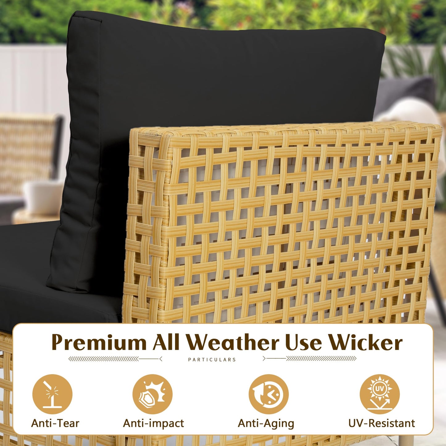 LHBcraft Patio Furniture Set, Large 7 Piece Wicker Outdoor Sectional Furniture Set with Coffee Table, Patio Conversation Sets Sofa, Hand Knitting, All-Weather Cushions for Backyard, Porch, Black