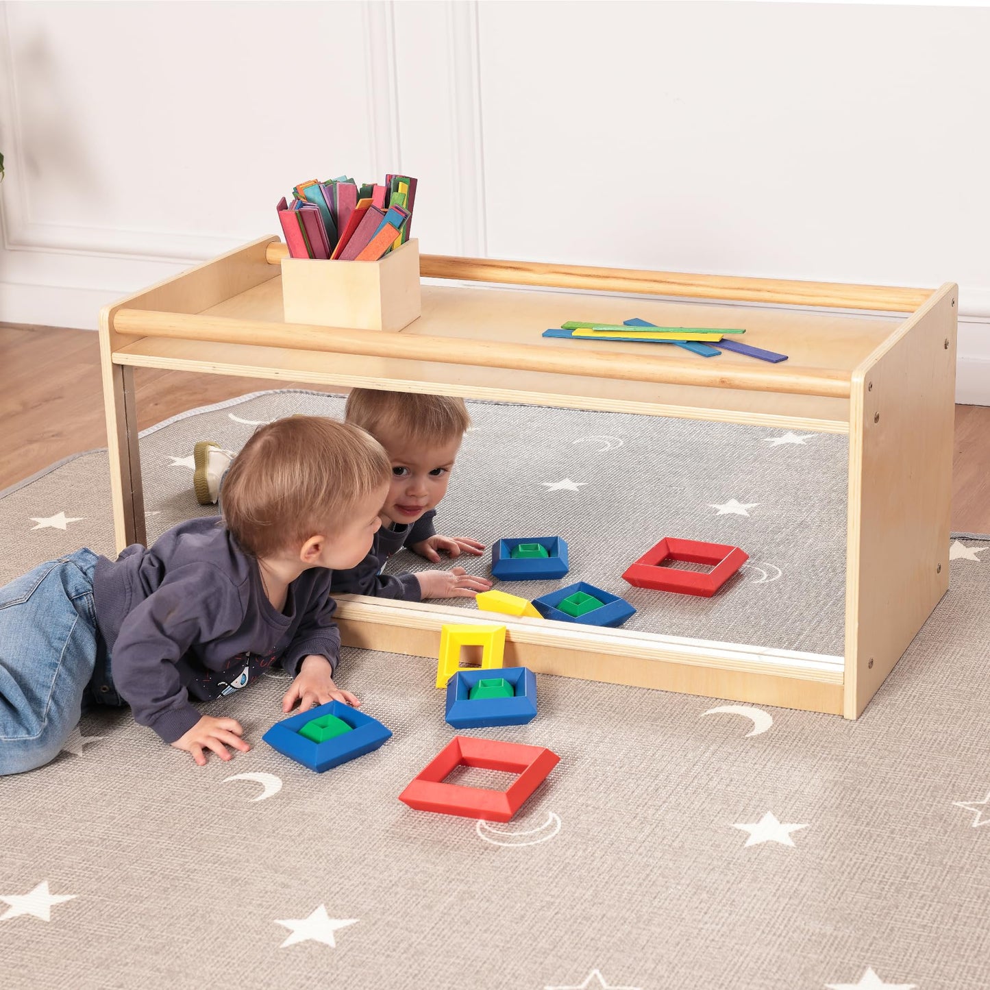 Toddler Toy Storage w/ Mirror Back, Baby Preschool and Daycare Cubbies w/ 2 Top Holding Handrail, Little Kids Tummy Time Furniture, Home, Classroom, Montessori Book Browser (1 Tier w/ Mirror Back)