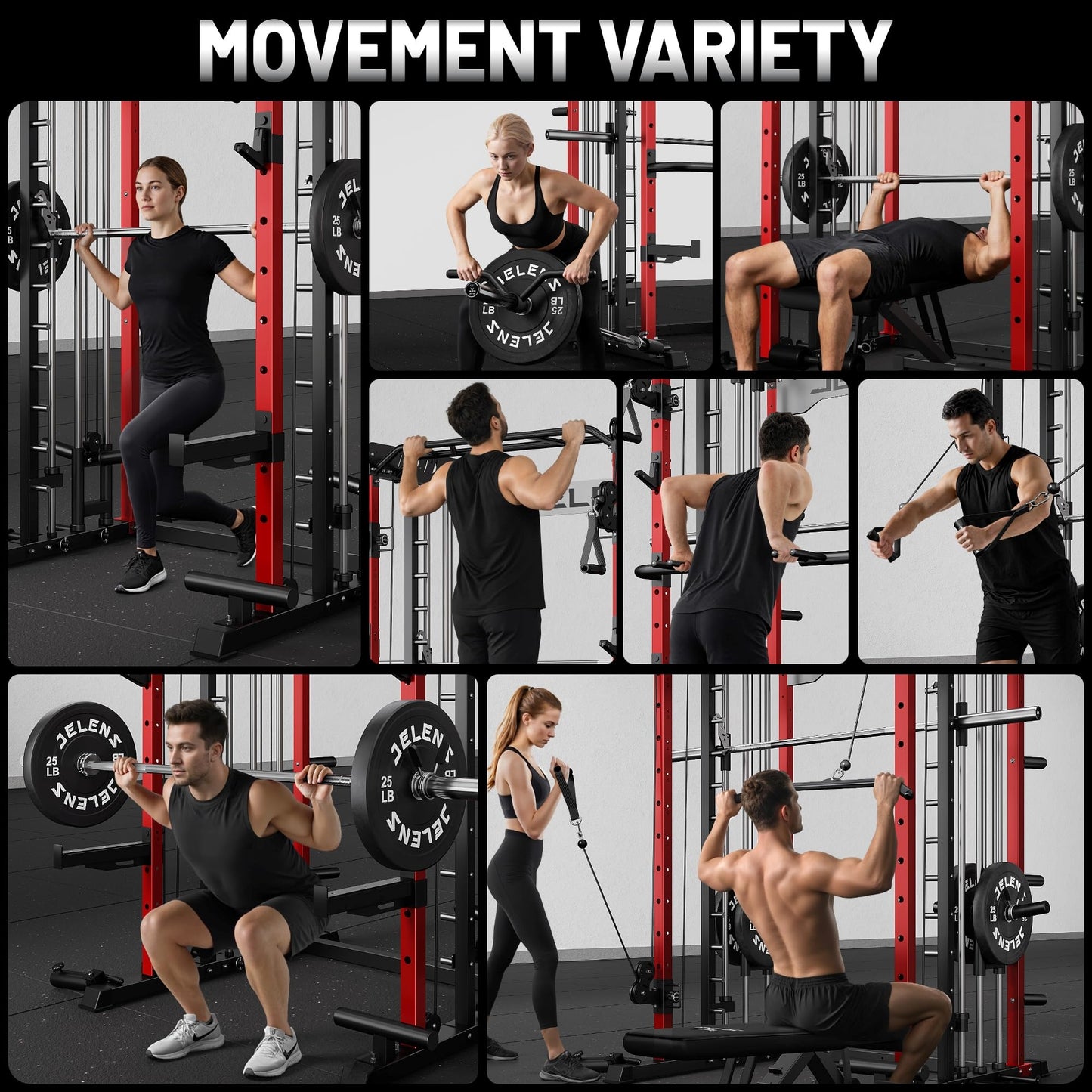 JELENS Smith Machine for Home Gym, Multi-Function M12 Power Cage, Squat Rack with Smith Bar and More Attachment (Red, M12 Smith Machine)