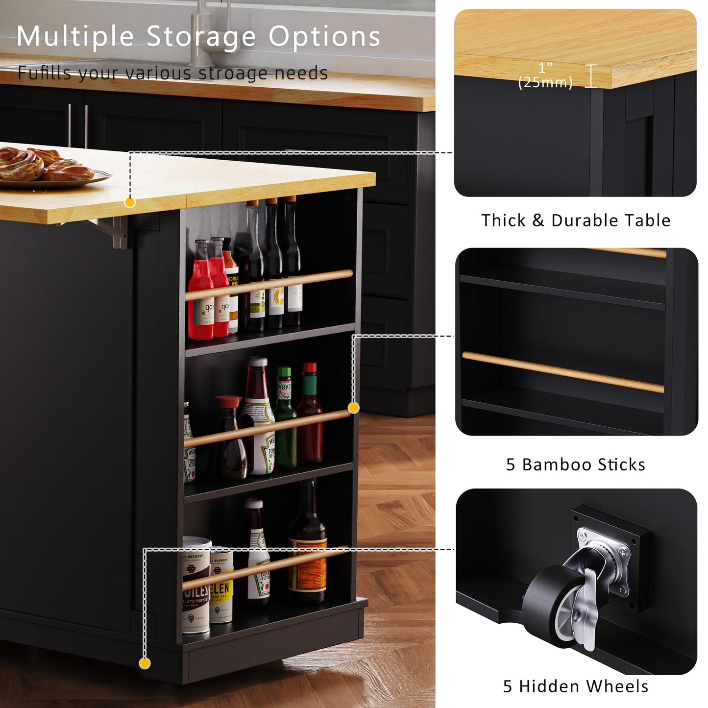 Merax 53" Large Kitchen Cart Storage Island on 5 Wheels with Drop Leaf,Power Outlet,Internal Rack for Kitchen Dining Room