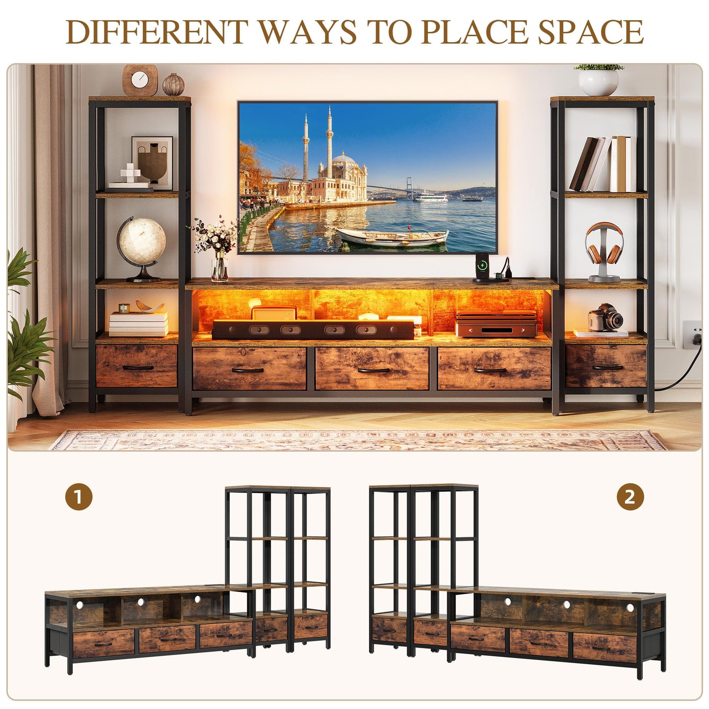 YITAHOME TV Stands for 65 inch TV Entertainment Center with 2 Industrial 4-Tier Bookshelves, LED TV Stands for Living Room, Modern Farmhouse TV Console Cabinet with Power Outlets, Rustic Brown