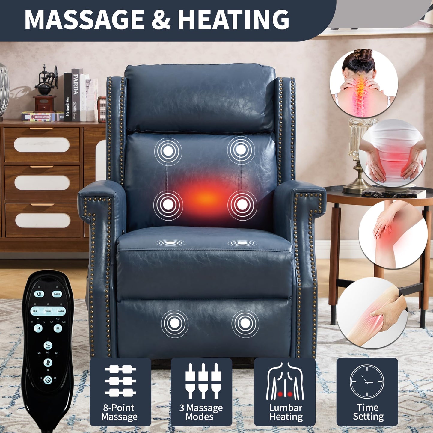 KEIKI Mid Century Modern Oversized Recliner Accent Chair for Adults, Manual Leather Recliner Chair with Back Massager and Heating for Living Room, Apartment Rocking Reading Chairs for Adults, Blue
