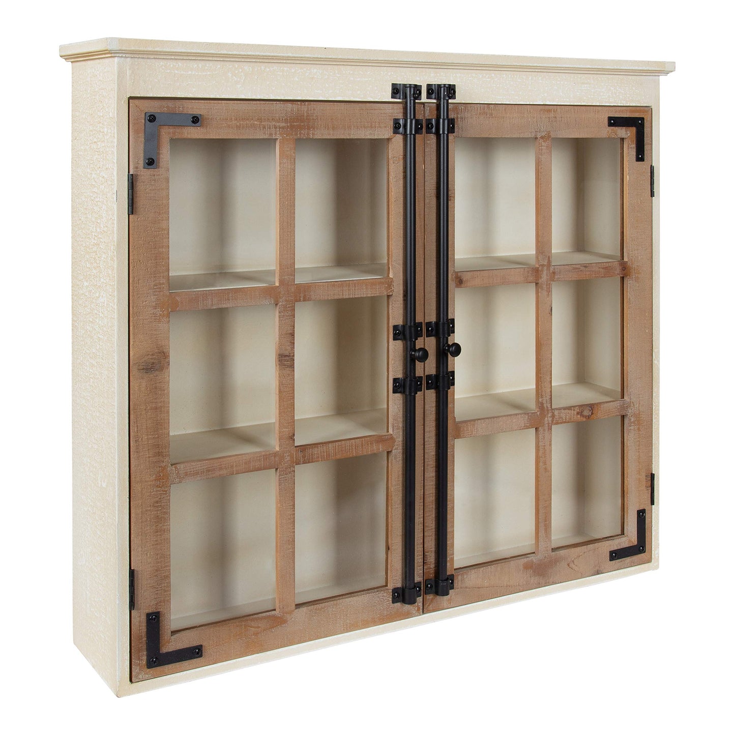 Kate and Laurel Hutchins Decorative Farmhouse Wood Wall Cabinet, 30 x 6.5 x 27.5, White and Brown, Wall Cabinet with Window Pane Glass Door