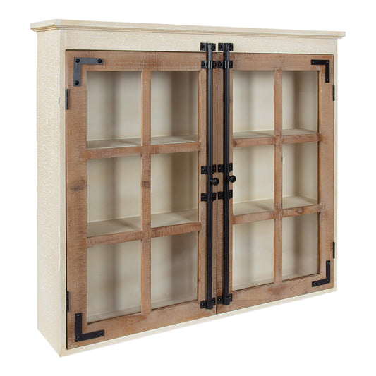 Kate and Laurel Hutchins Decorative Farmhouse Wood Wall Cabinet, 30 x 6.5 x 27.5, White and Brown, Wall Cabinet with Window Pane Glass Door