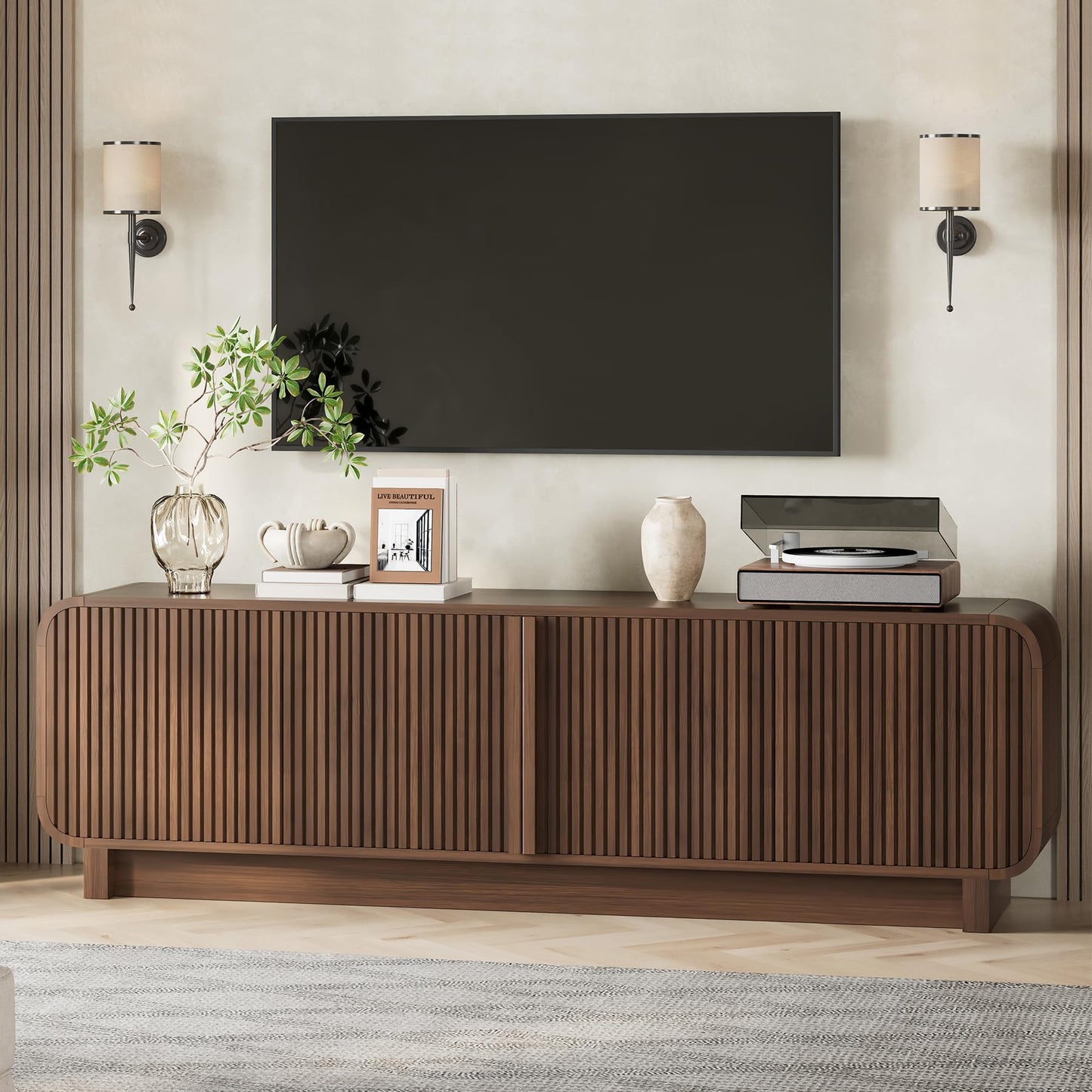 78.75" Fluted TV Stand with Storage Cabinets, Rounded Edge Entertainment Center, Mid-Century Media Console for Living Room Hallway, Walnut