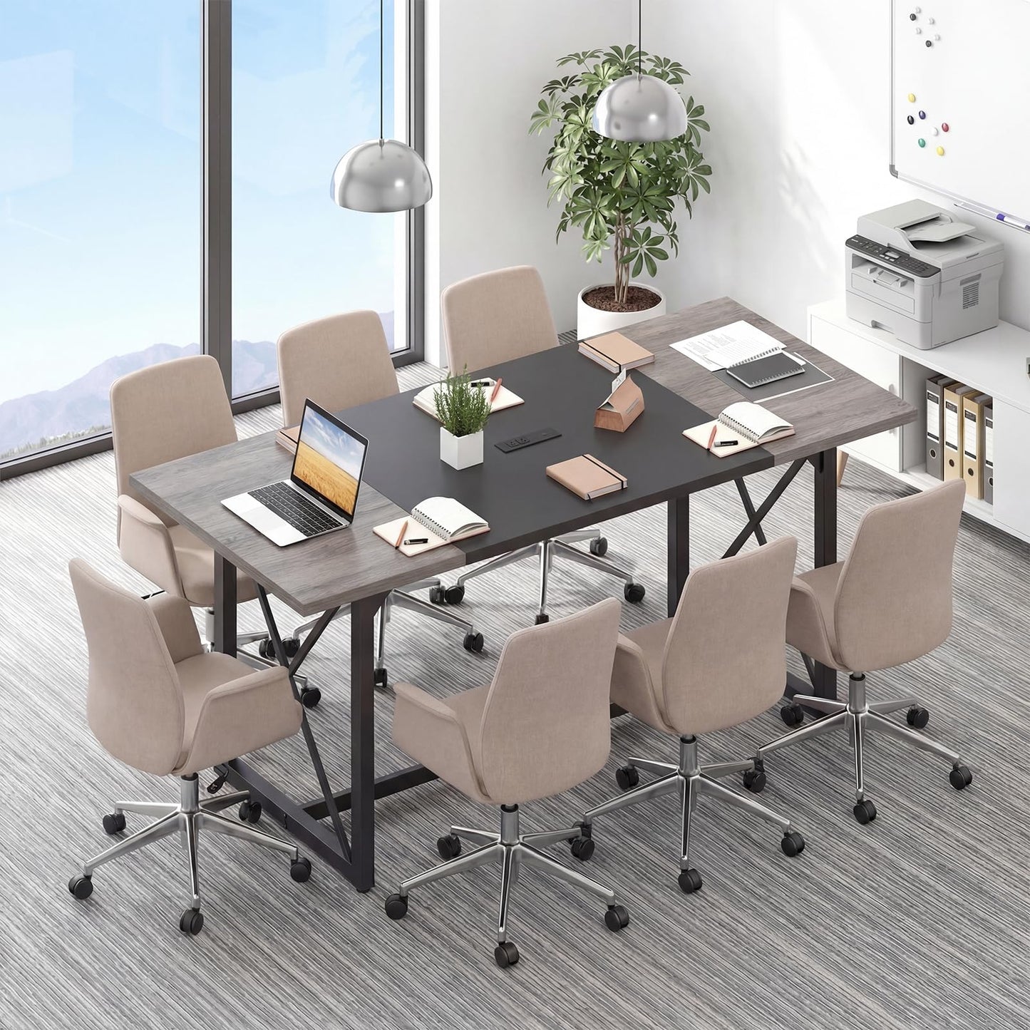 Giantex 6FT Conference Table with Power Outlets, Large Rectangle Meeting Table for 6-8 People, Modern Seminar Boardroom Table w/Stable Metal Frame, Computer Desk for Office Conference (Black,1)