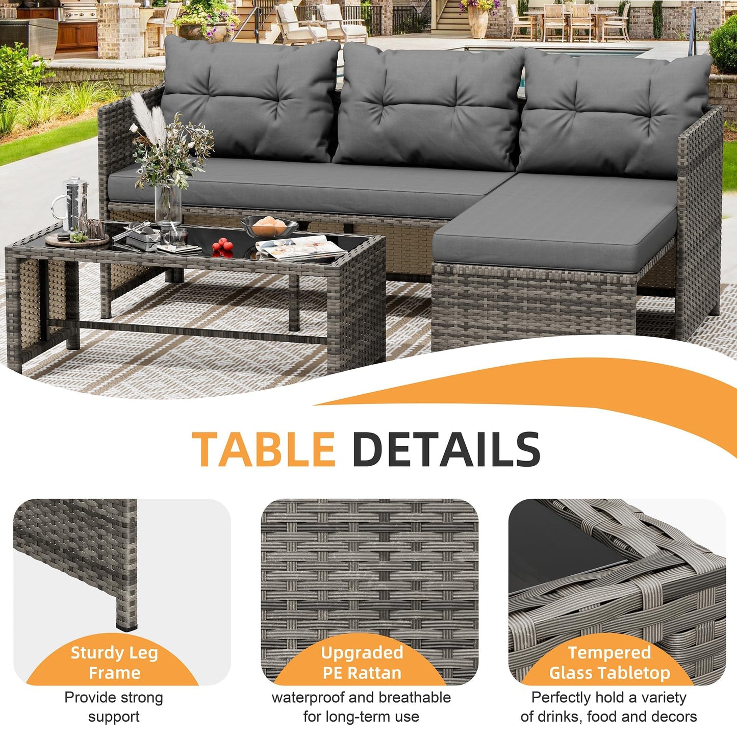 Shintenchi 3 Pieces Outdoor Patio Furniture Sets, Wicker Patio Conversation Sets, All Weather Wicker Rattan Patio Seating Sofas with Glass Coffee Table and Cushion, Gray