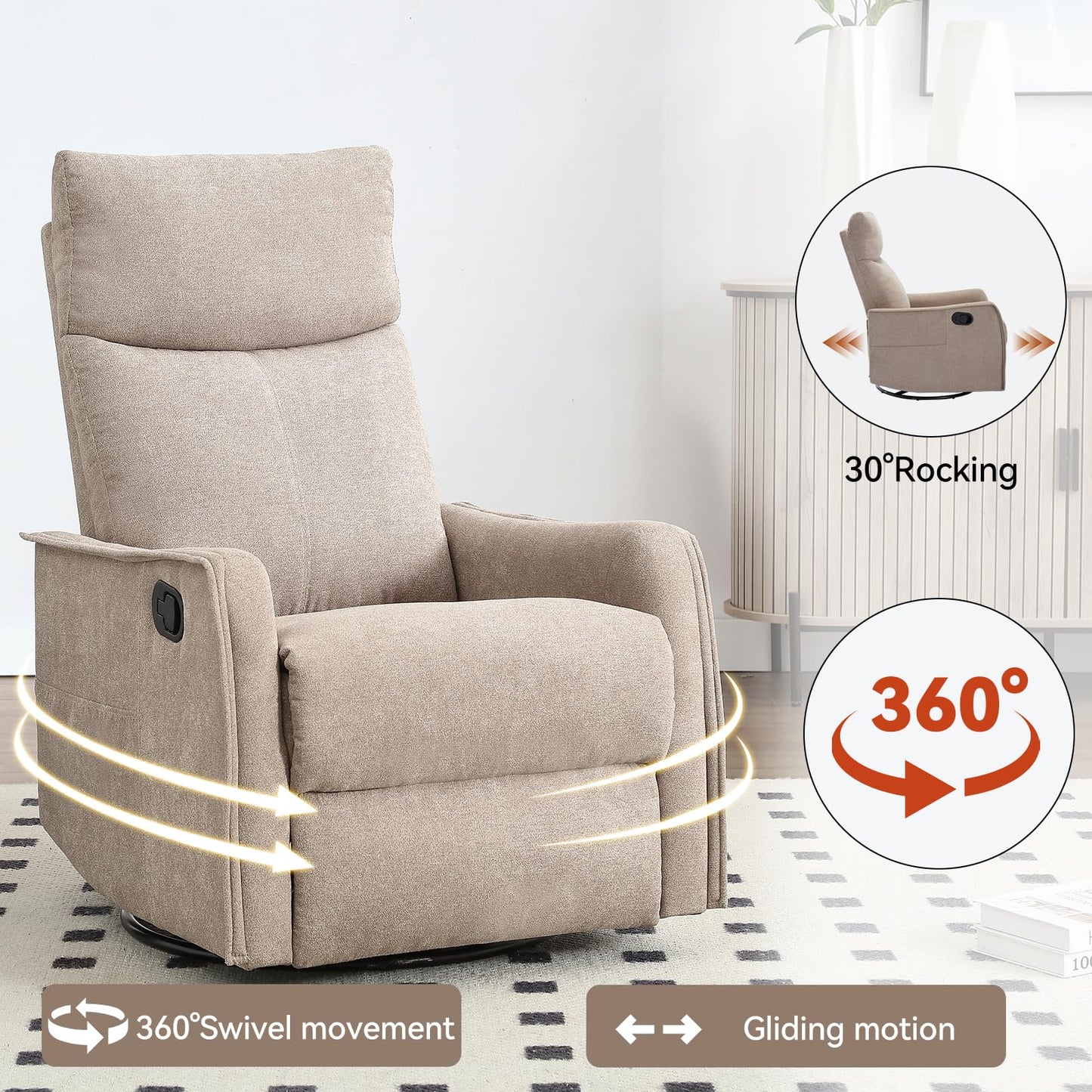 KEIKI 4-in-1 Manual Swivel Rocker Recliner Chair for Home Living Room, Polyester Chair with Back Massager & Heat, Home Theater Seating with Lumbar Support, Soft Recliner Office Chair for Adult, Khaki