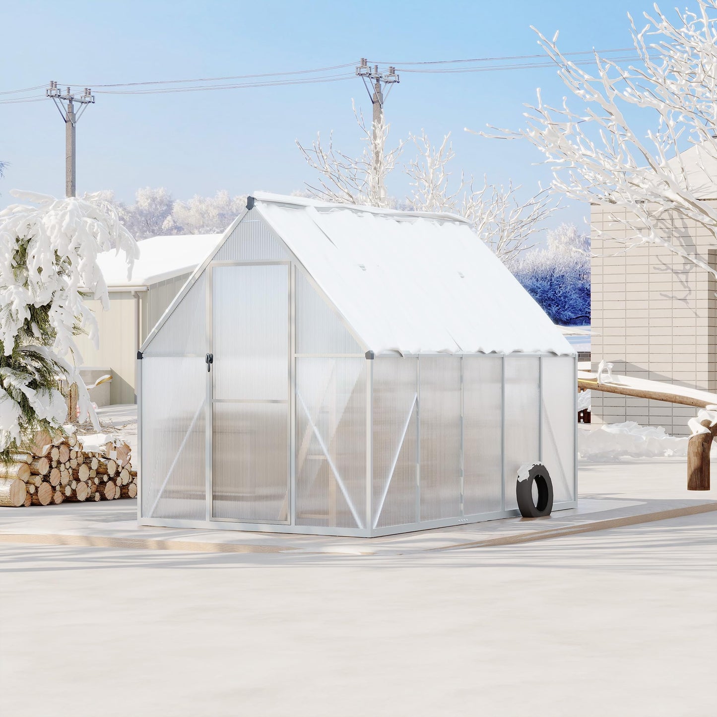 6x9 ft Polycarbonate Greenhouse with Aluminum Frame, Walk in Greenhouse with Adjustable Roof Vent, Heavy Duty Green House for Outside Garden Backyard, Easy Assembly, Silver