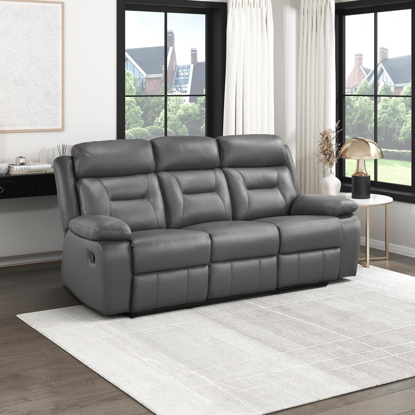 Lexicon Reclining Sofa for Living Room, Double Recliner RV Couch, Manual Wall Hugger Recliner, Home Theater Seating Leather Match Reclining Sofa with Pillow Top Armrests, 87''W Couch, Dark Grey