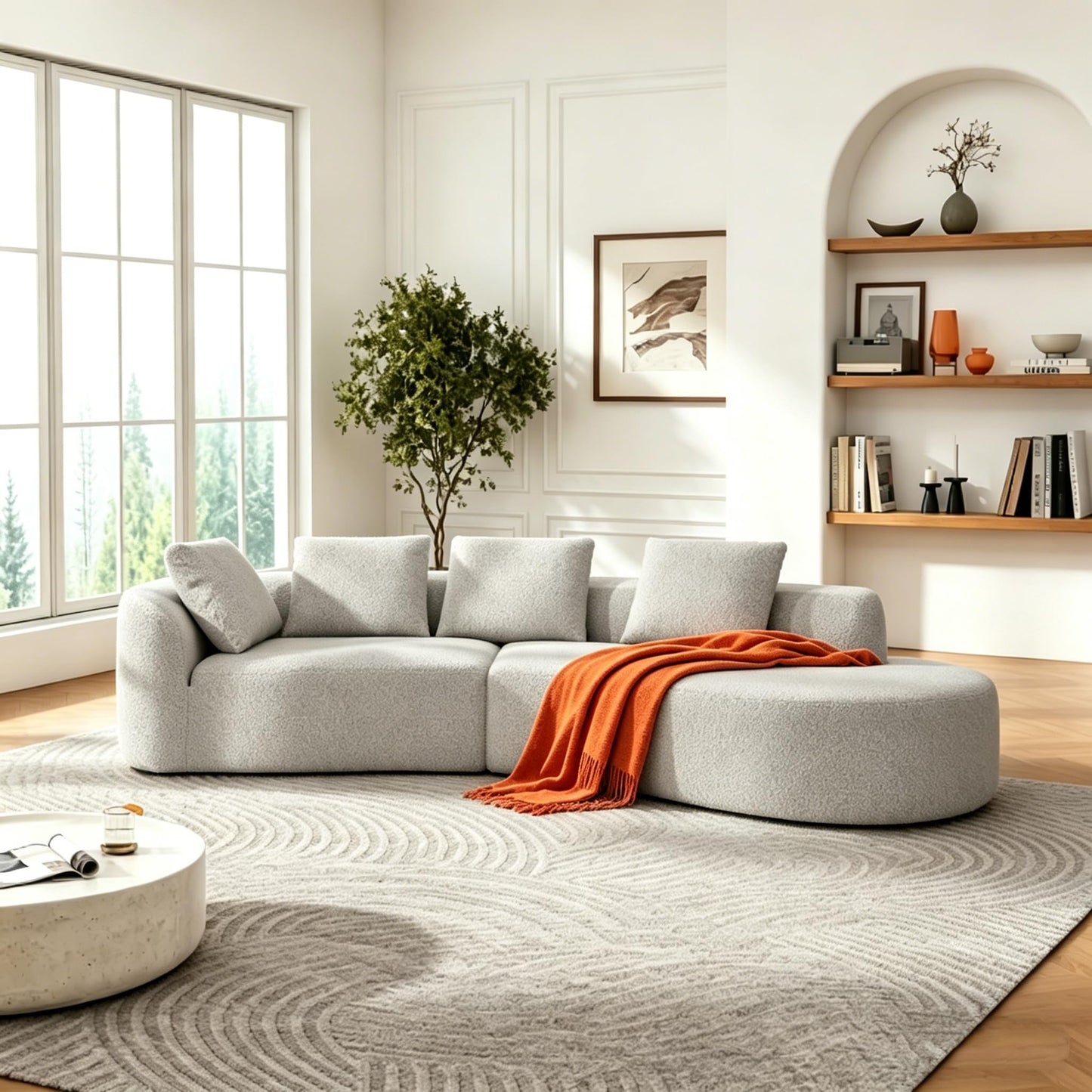 Merax 116" Curved Polyester Sectional Sofa, Modern Pearl Upholstery 3 Seat Cloud Couch with Chaise Lounge & 4 Pillows for Living Room, White+Gray