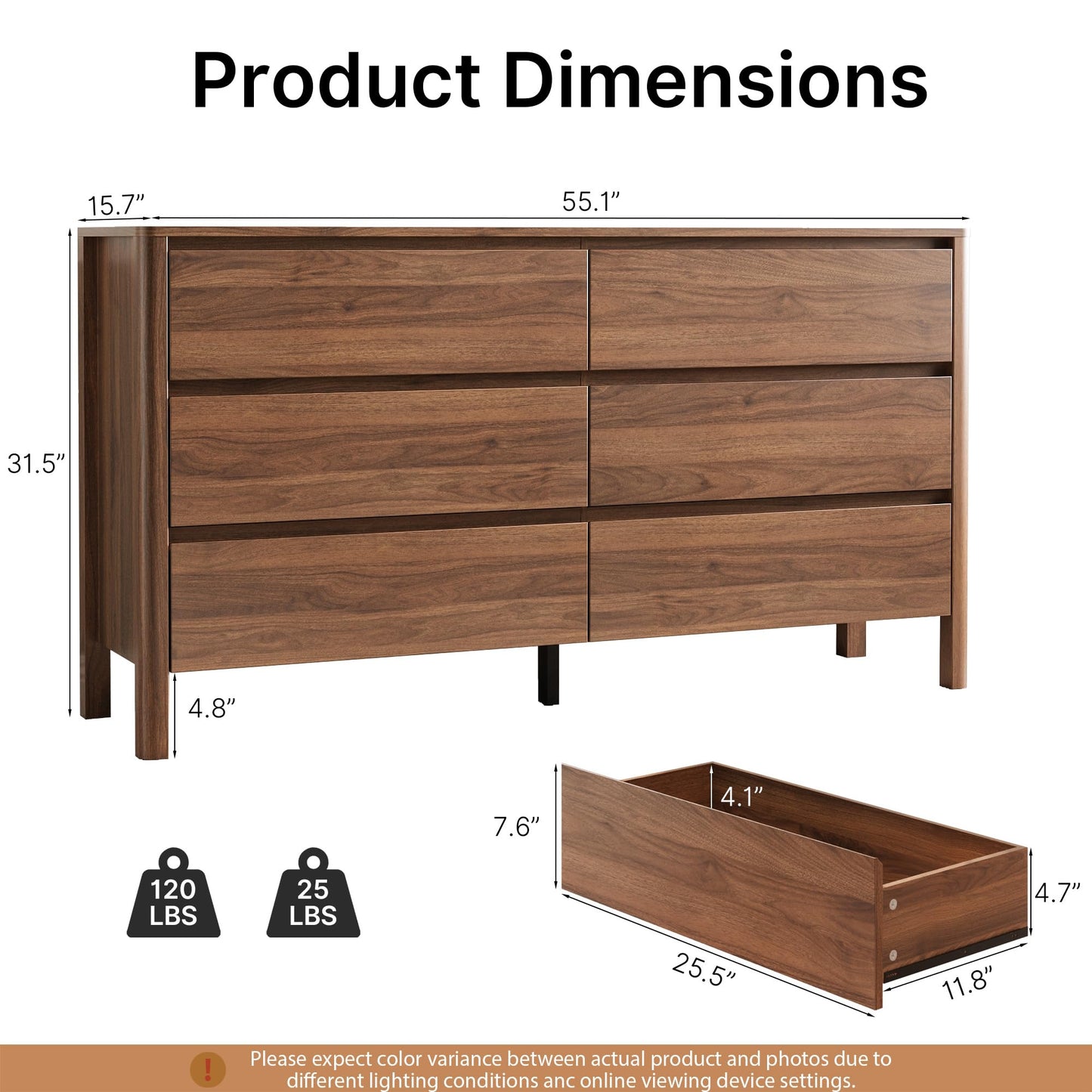 MAISONARIA Walnut Dresser for Bedroom, 55.1" Wide Dresser with 6 Drawers and Hidden Handles, Modern Wood Chest of Drawers for Clothes and Accessories, Stylish Storage Cabinet for Living Room, Entryway