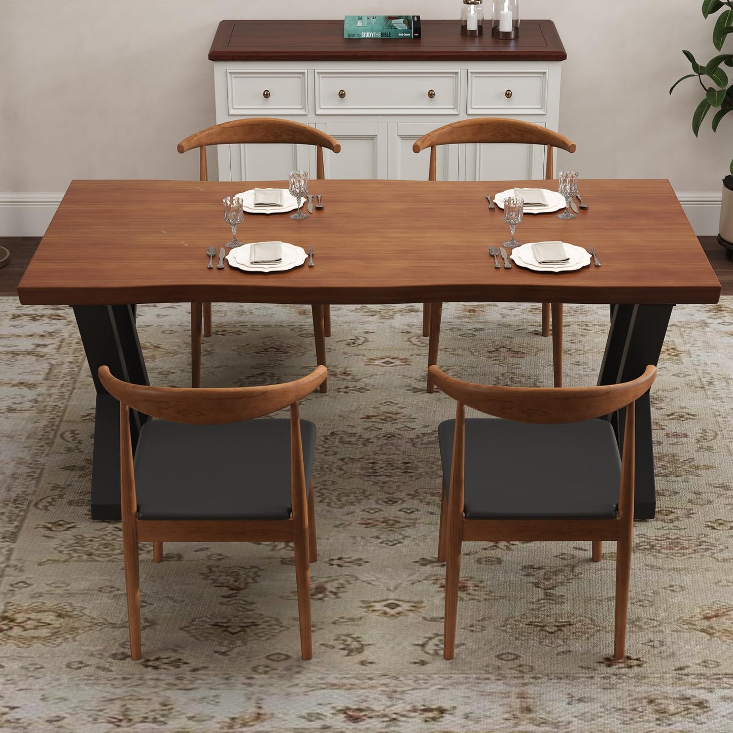 tiedingding 47" Solid Wood Dining Table, Rectangular Kitchen Table with Irregular Live Edge & Thick Tabletop, X-Shape Metal Legs, Oil Proof & Easy Clean, Rustic Brown， for 2-4 People