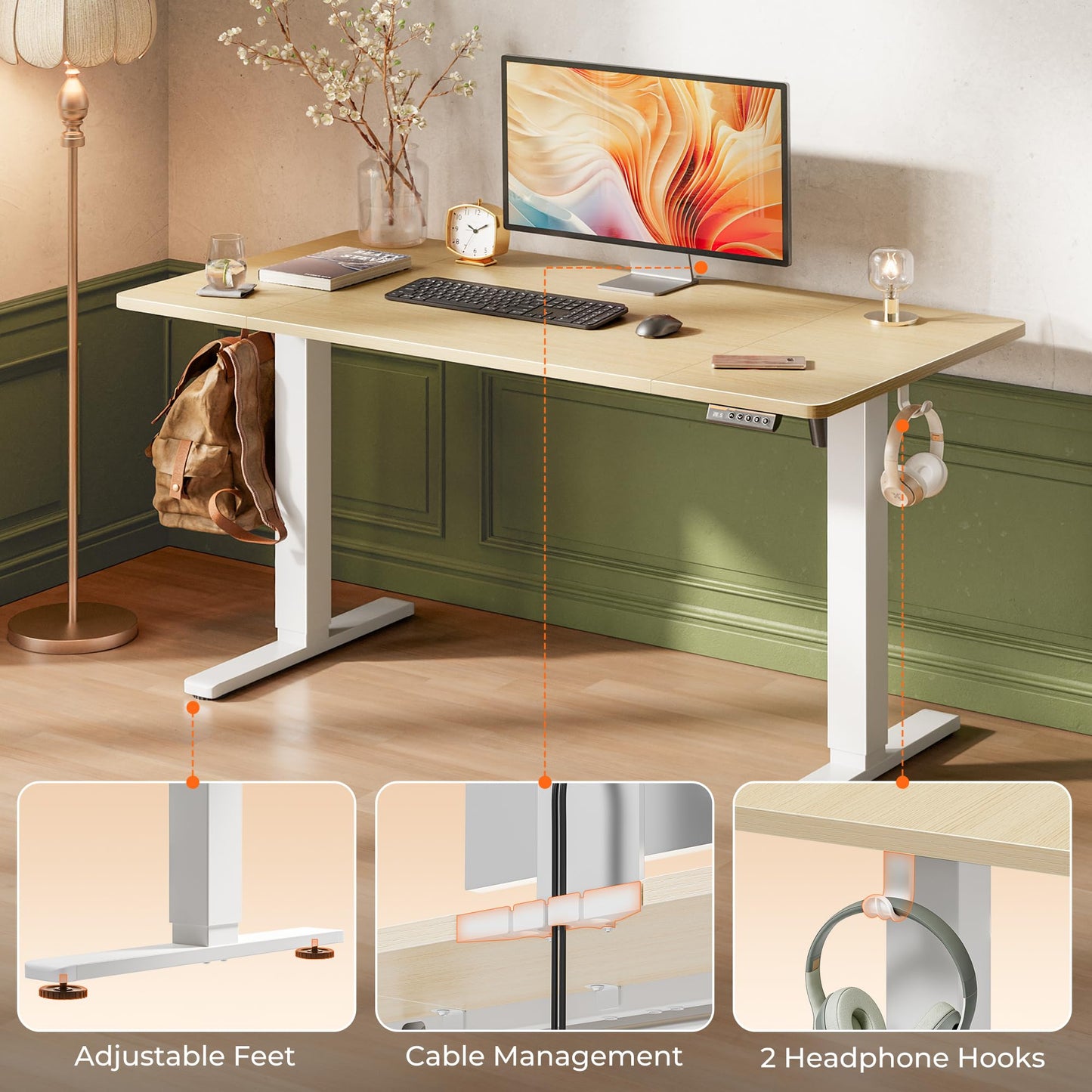 Huuger 55 x 28 Large Electric Standing Desk, Height Adjustable Desk, 27.6" Deep Desktop, Stand up Gaming Computer Office Desk with 2 Hooks, 3 Preset Heights, for Home Office, Maple