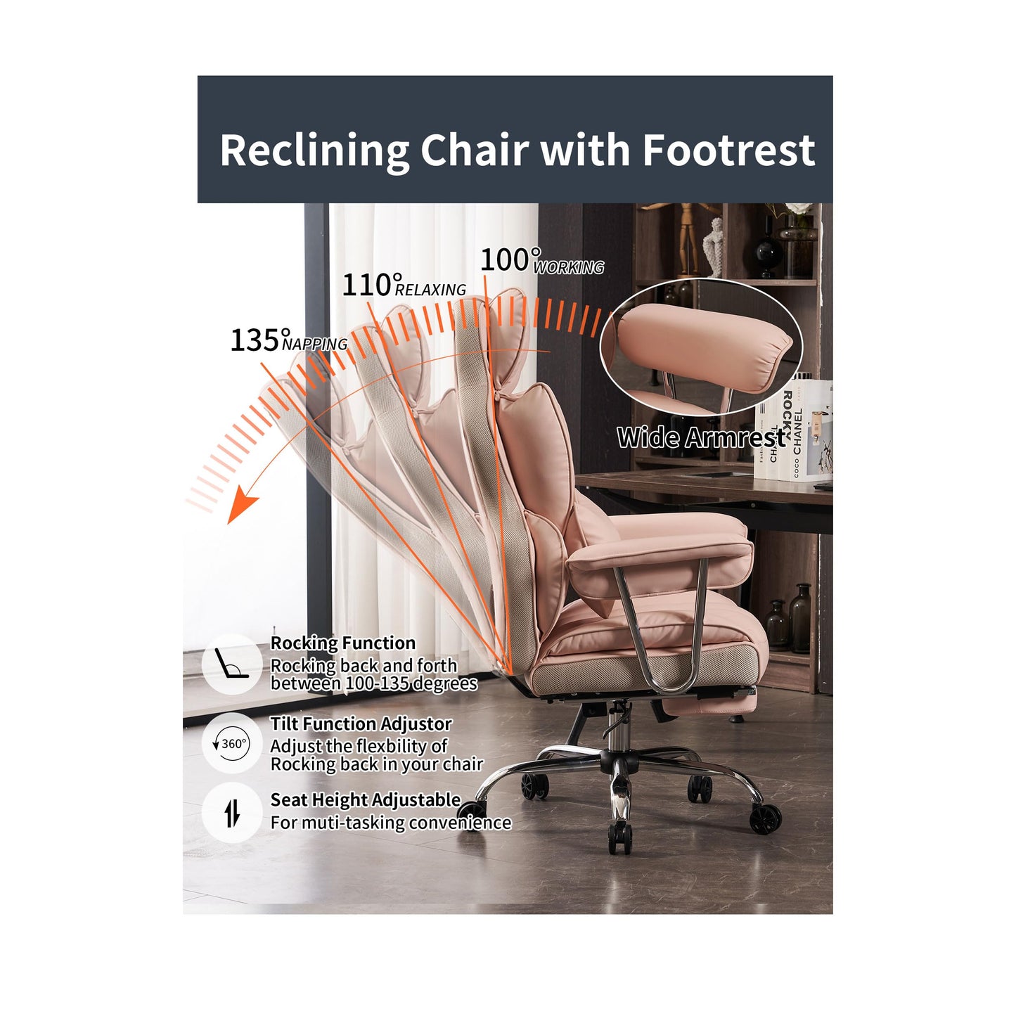 Efomao Big and Tall Office Chair 400LBS - Pink Heavy Duty Executive Office Chair with Footrest, Ergonomic Home Office Desk Chair, Wide Computer Chair for Heavy People