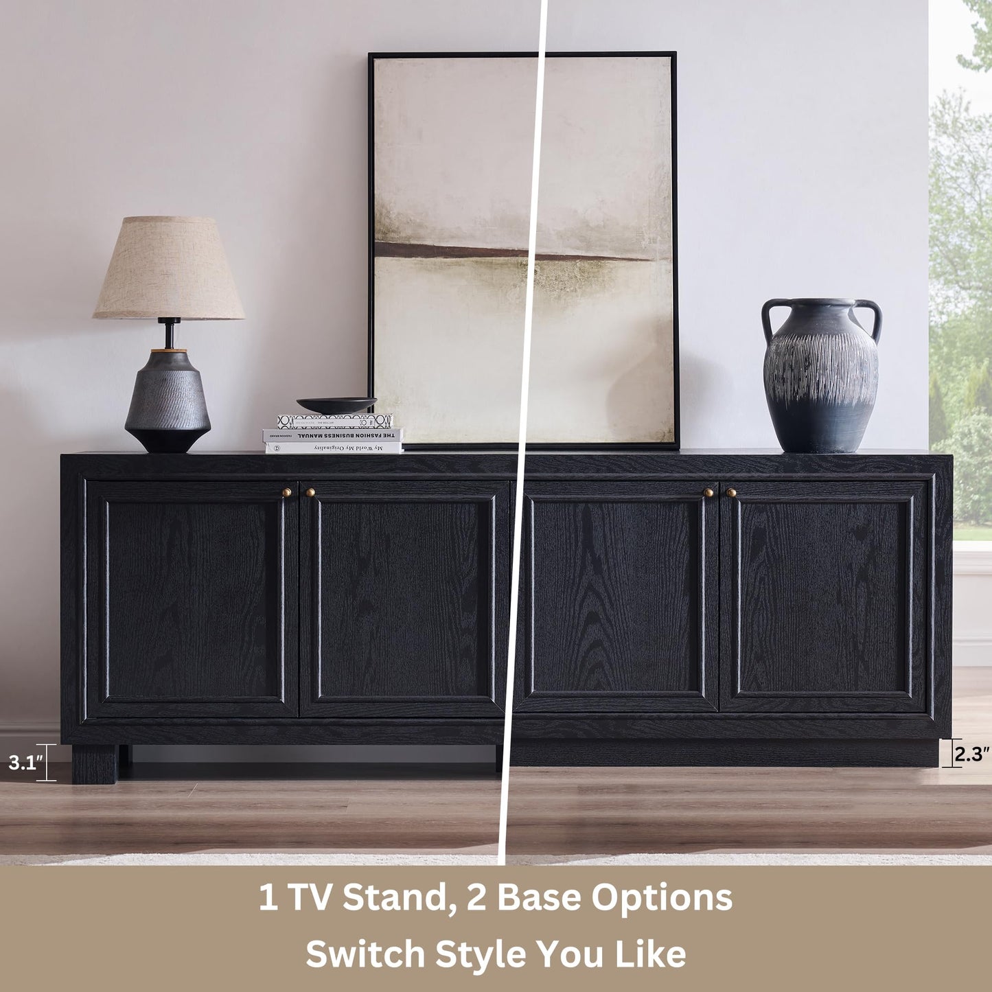 ACCOHOHO Farmhouse TV Stand, 68" Entertainment Center with 2 Base, Media Console Table for Living Room, TV Console with Storage Cabinets, for TV up to 75 Inches,Charcoal Black