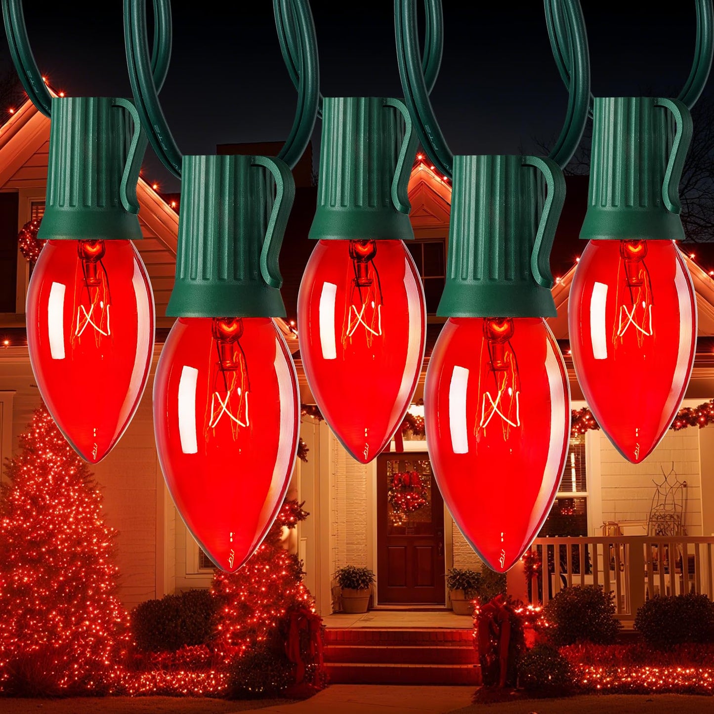 Minetom C9 Christmas String Lights, 50ft Red Bulbs, Green Wire, Outdoor/Indoor Holiday Decoration