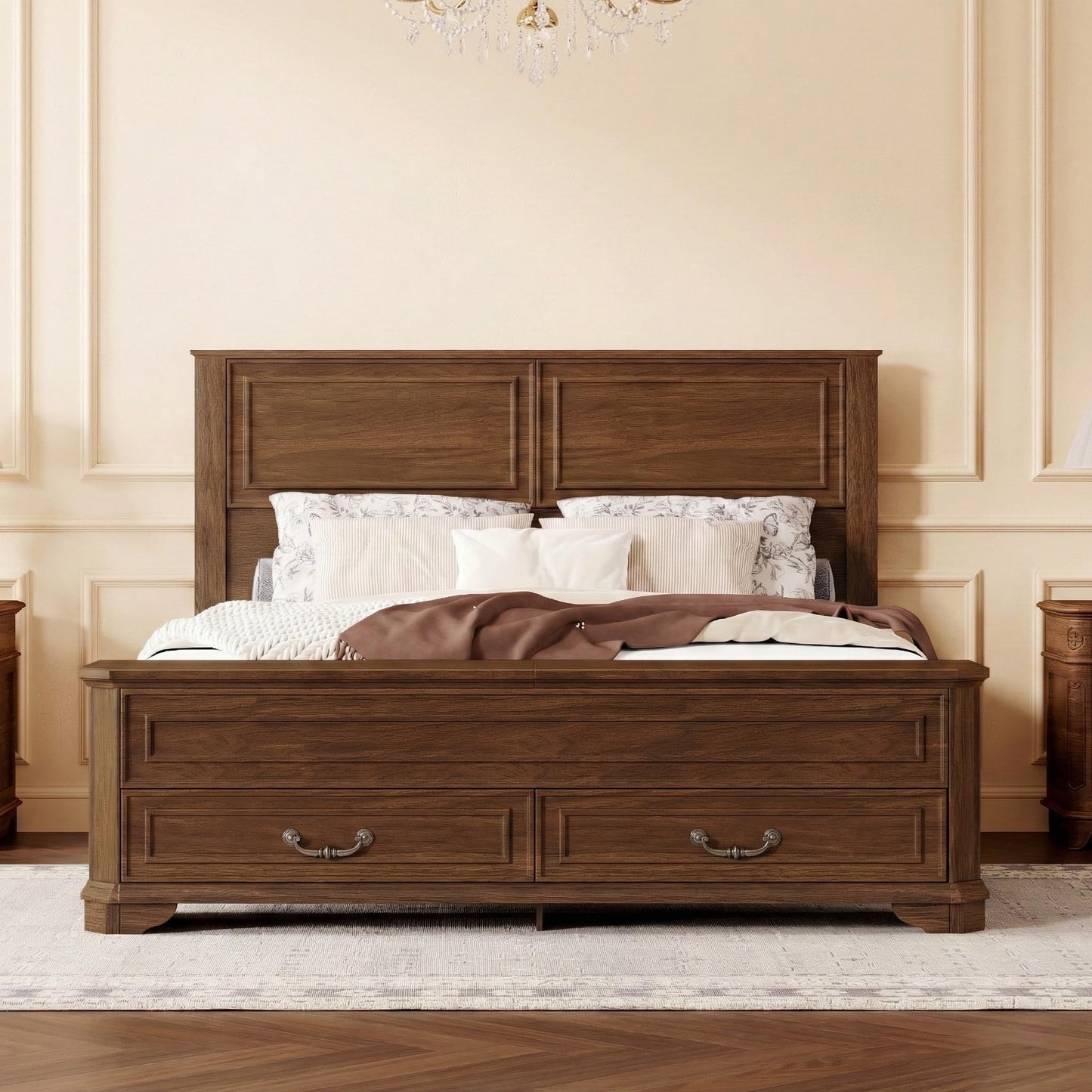Ball & Cast Farmhouse Queen Size Bed Frame with Tall Headboard and Storage Bench,Wood Platform Bed Frame Queen Size with with Storage Footboard & 2 Large Storage Drawers, No Box Spring Needed,Walnut