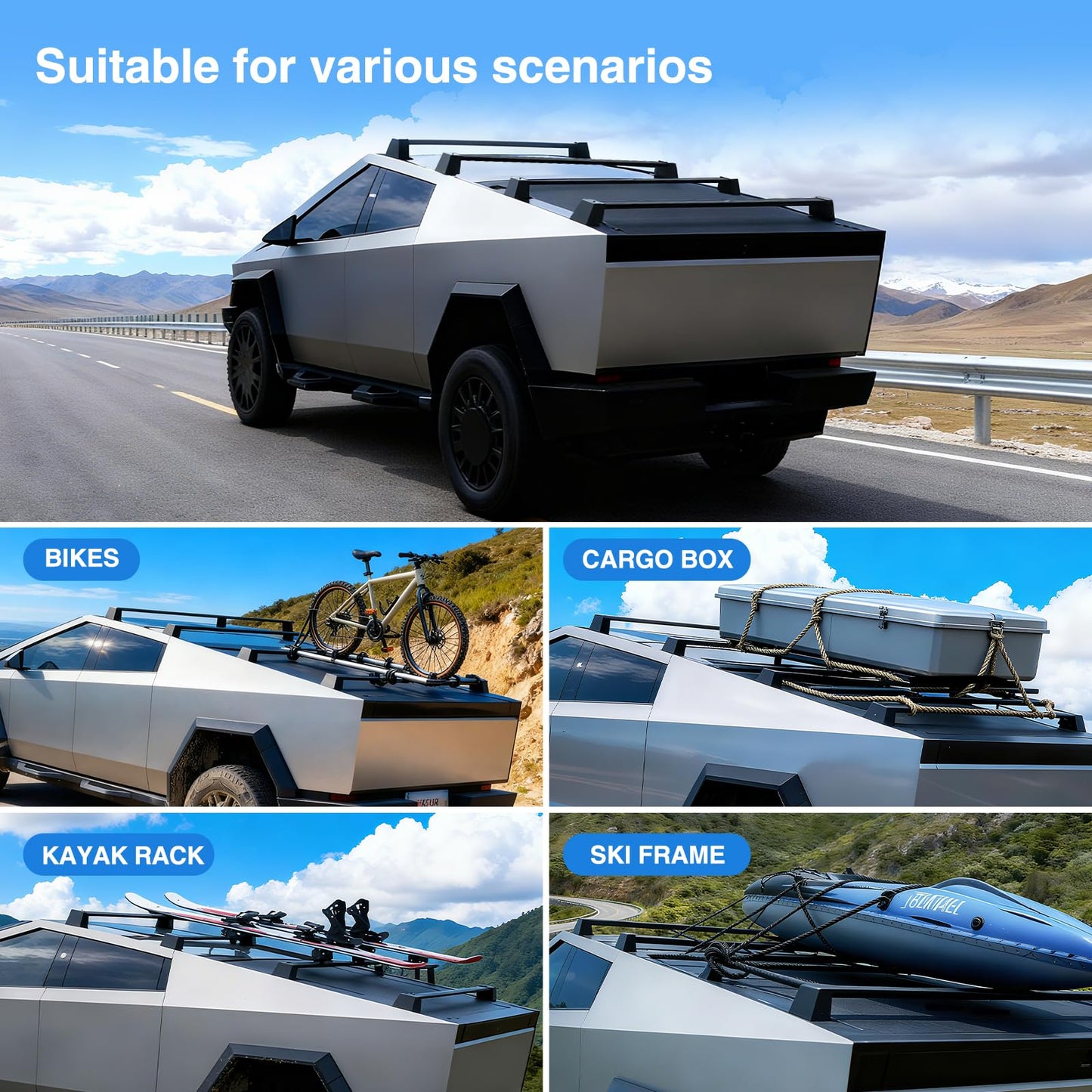 WheelX 4Packs Crossbars Roof Rack Compatible with Tesla Cybertruck, 176LB Load Capacity, Lockable Luggage Heavy-Duty Cargo Rails Carrier Accessories Fits Bikes Kayaks Ski Tent Roof Box
