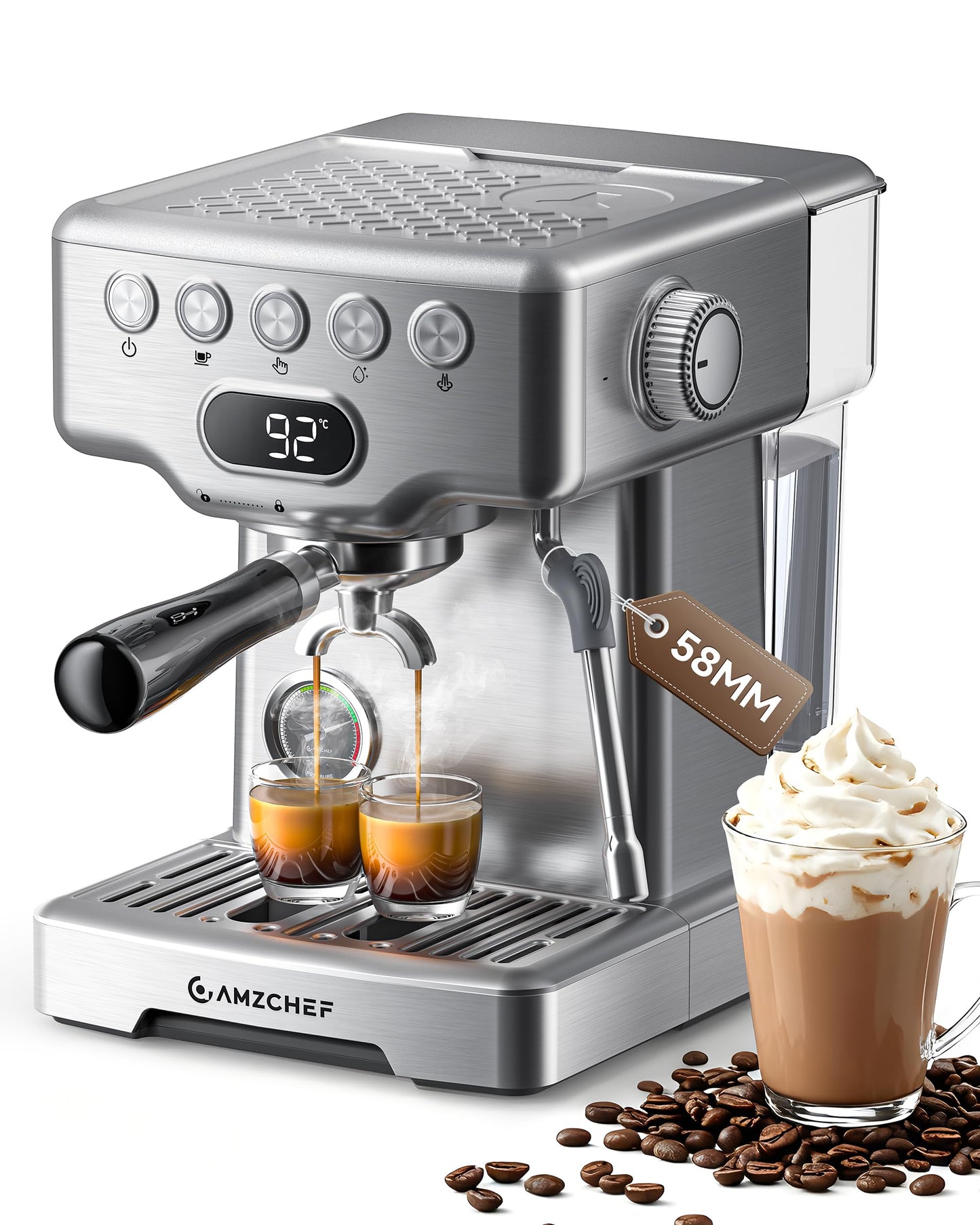 AMZCHEF Ultra Espresso Machine, 58mm Professional with PID Temperature Control for Light to Dark Roast Beans, Built-in Pressure Gauge & 10mm Steam Wand，Provides Barista-Level Lattes and Cappuccinos