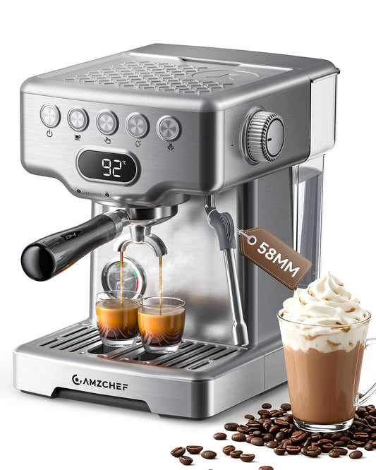AMZCHEF Ultra Espresso Machine, 58mm Professional with PID Temperature Control for Light to Dark Roast Beans, Built-in Pressure Gauge & 10mm Steam Wand，Provides Barista-Level Lattes and Cappuccinos