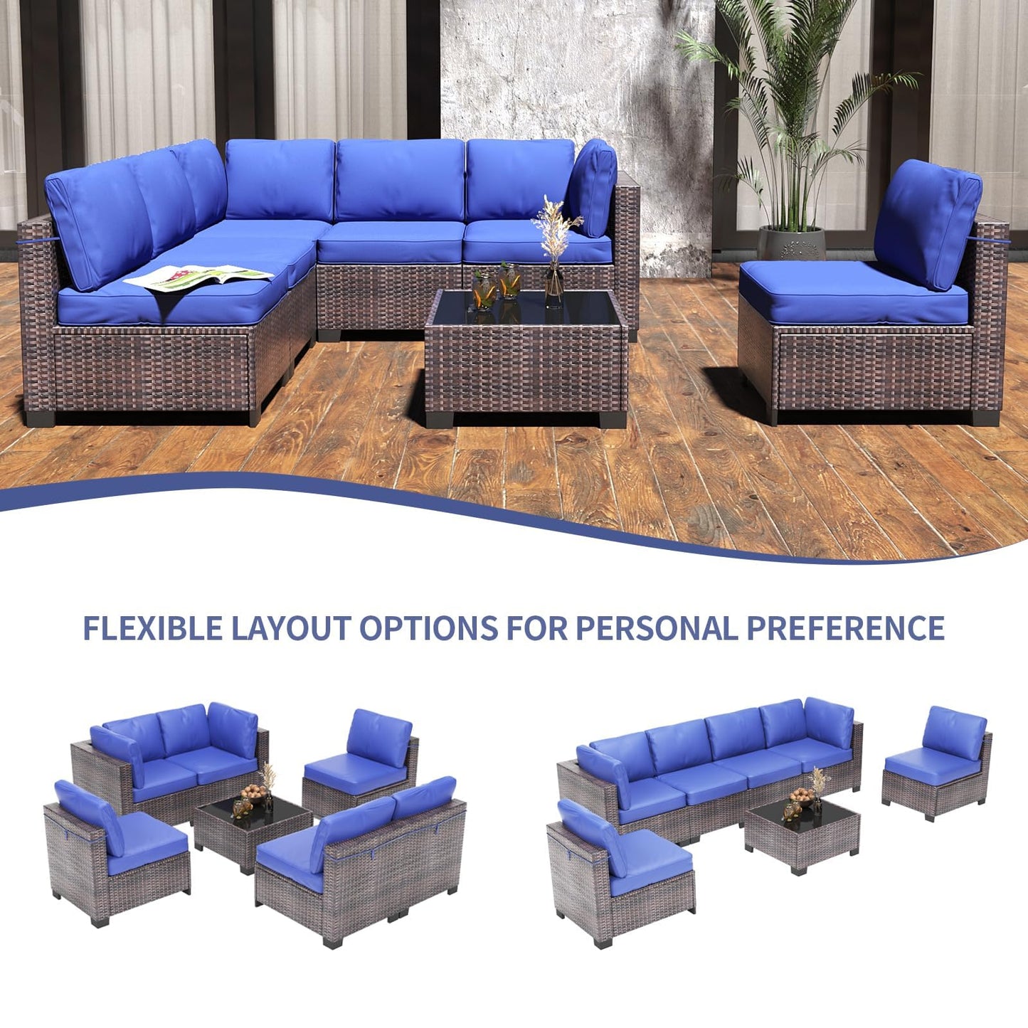 GarveeHome 7 Piece Patio Furniture Set, PE Rattan Wicker Sectional Sofa Set with Cushions & Glass Top Coffee Table, Outdoor Conversation Furniture for Garden, Balcony, Porch, Backyard
