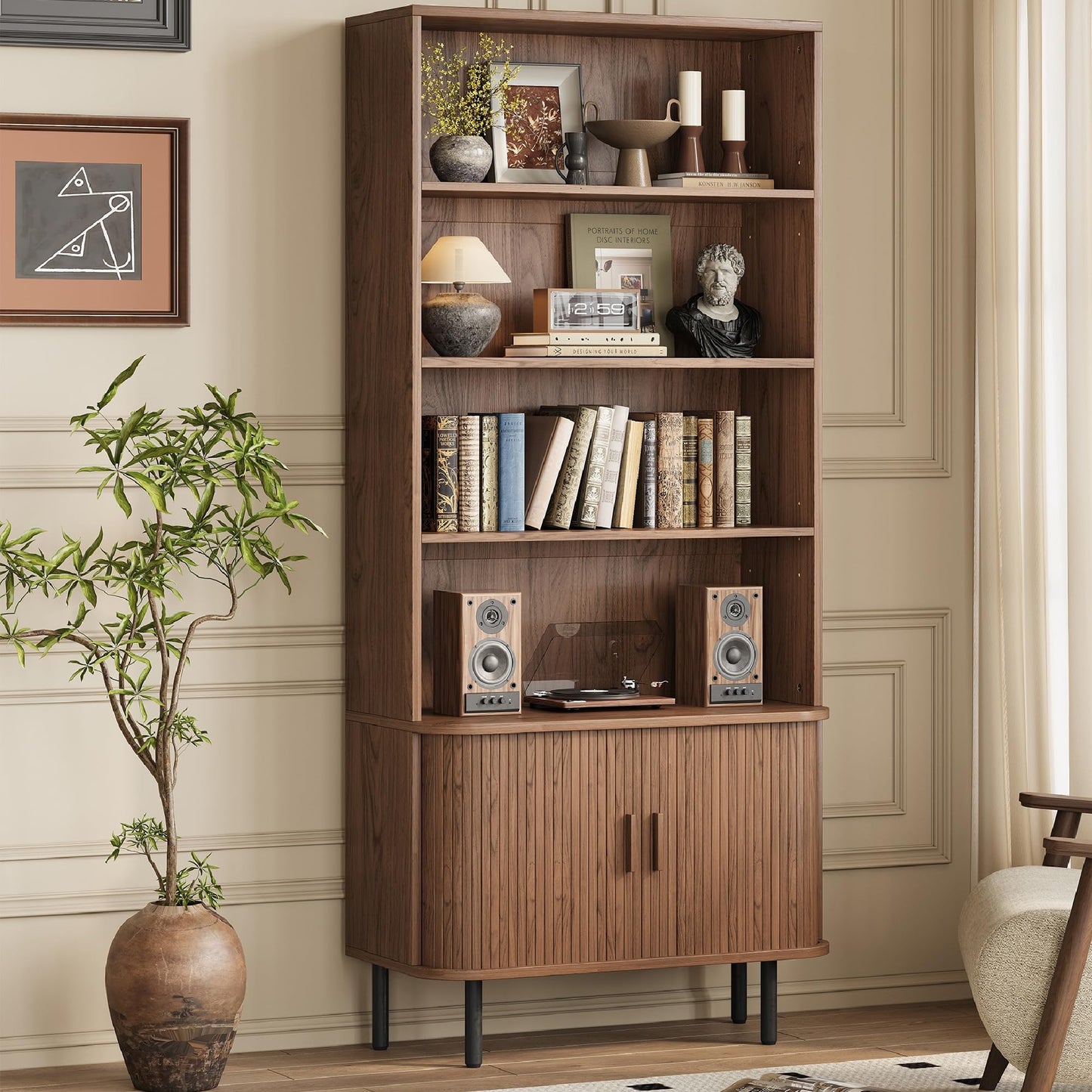 5-Tier Tall Bookshelf with Cabinet, 71" Fluted Bookcase with Sliding Door, Adjustable Display Shelf, Free Standing Cube Storage Organizer, Wood Shelving Unit for Living Room, Home Office, Walnut