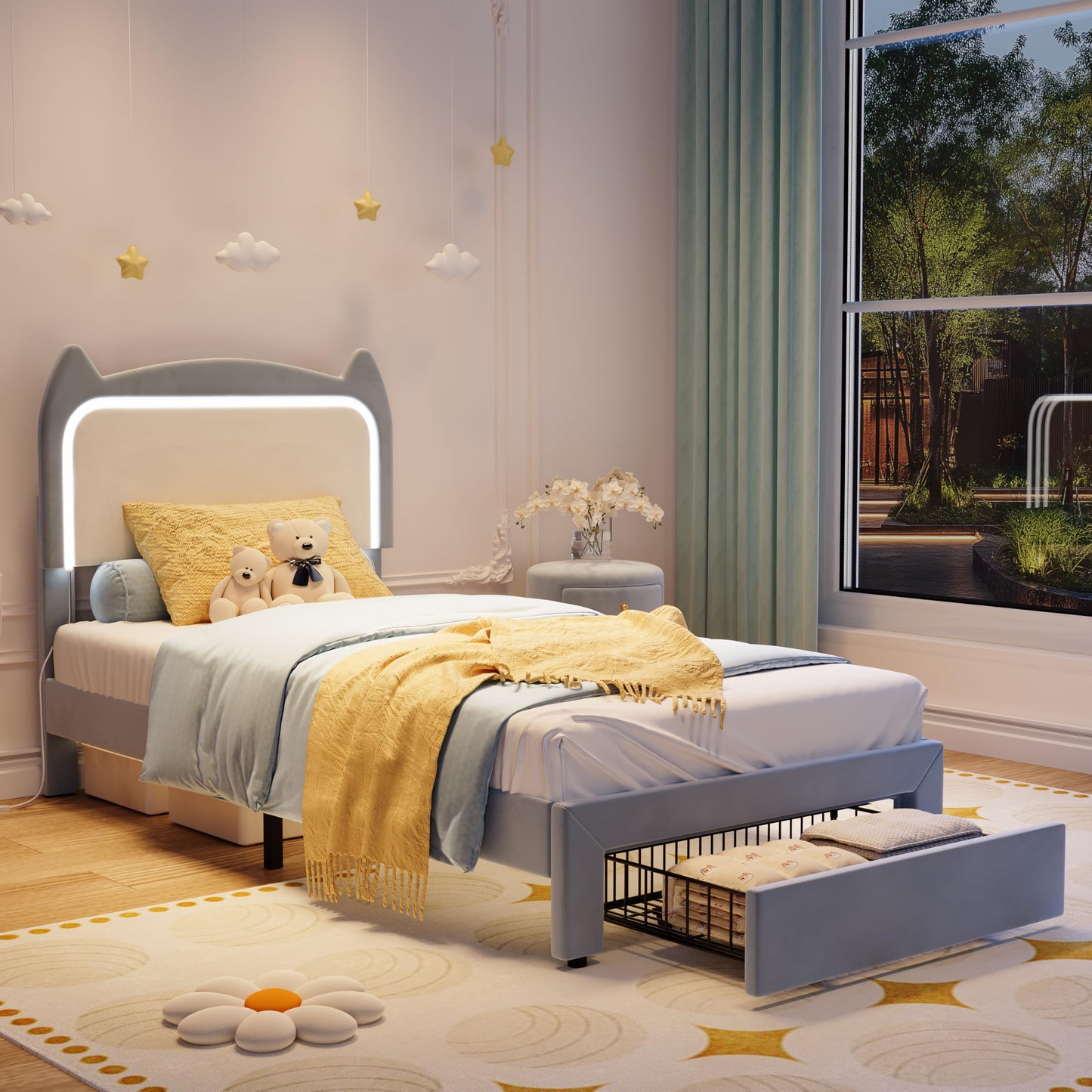 Garvee Twin Upholstered LED Bed Frame with Storage Drawer & Cute Cat Headboard, Velvet Princess Platform Bed Frame with Sturdy Wood Slats Support for Girls/Kids, No Box Spring Needed, Blue