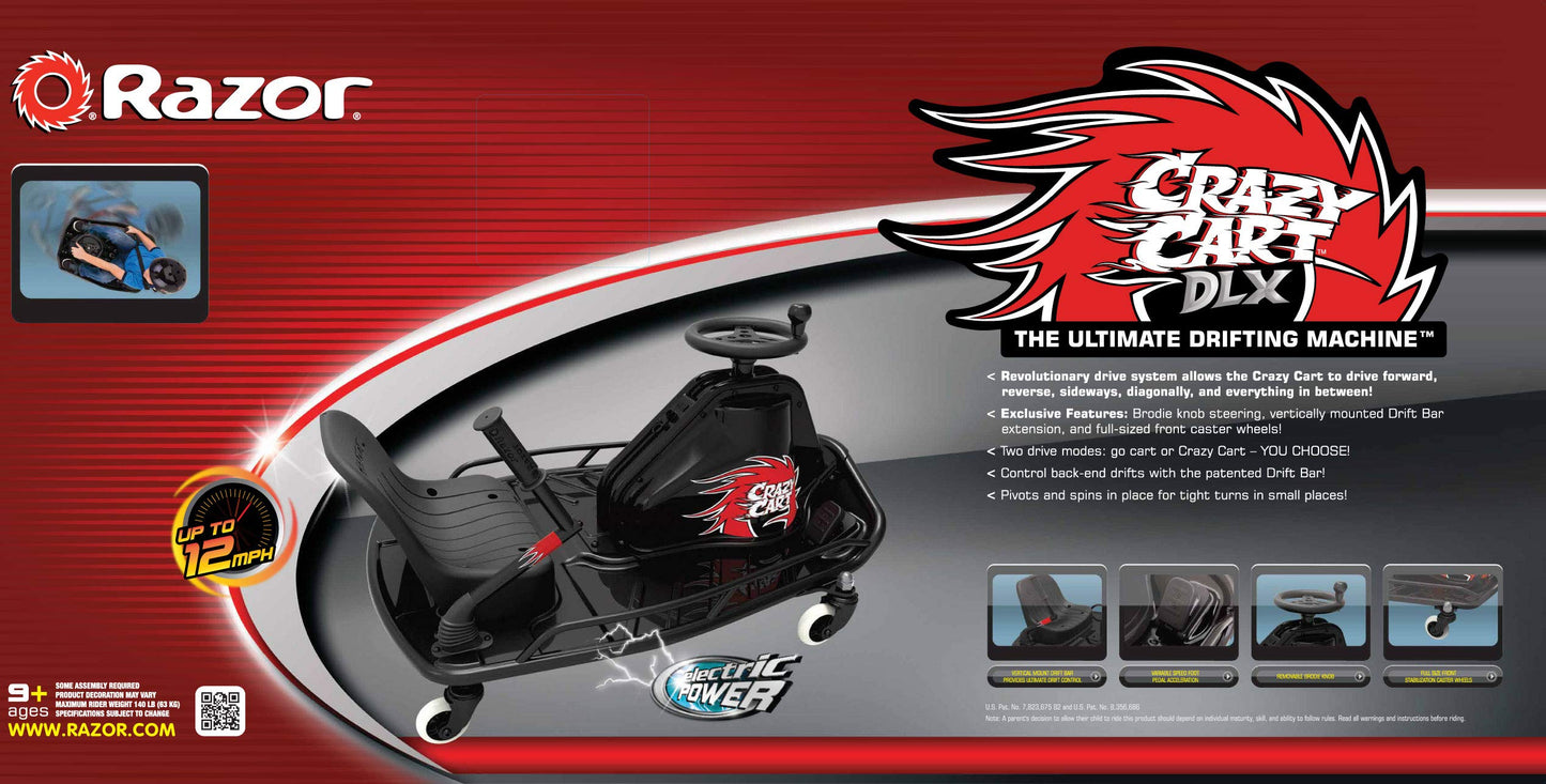 Razor Crazy Cart DLX - 24V Electric Drfting Go Kart - Enhanced Drift Bar, Brodie Knob Steering, Variable Speed, Up to 12 mph,Black/Red