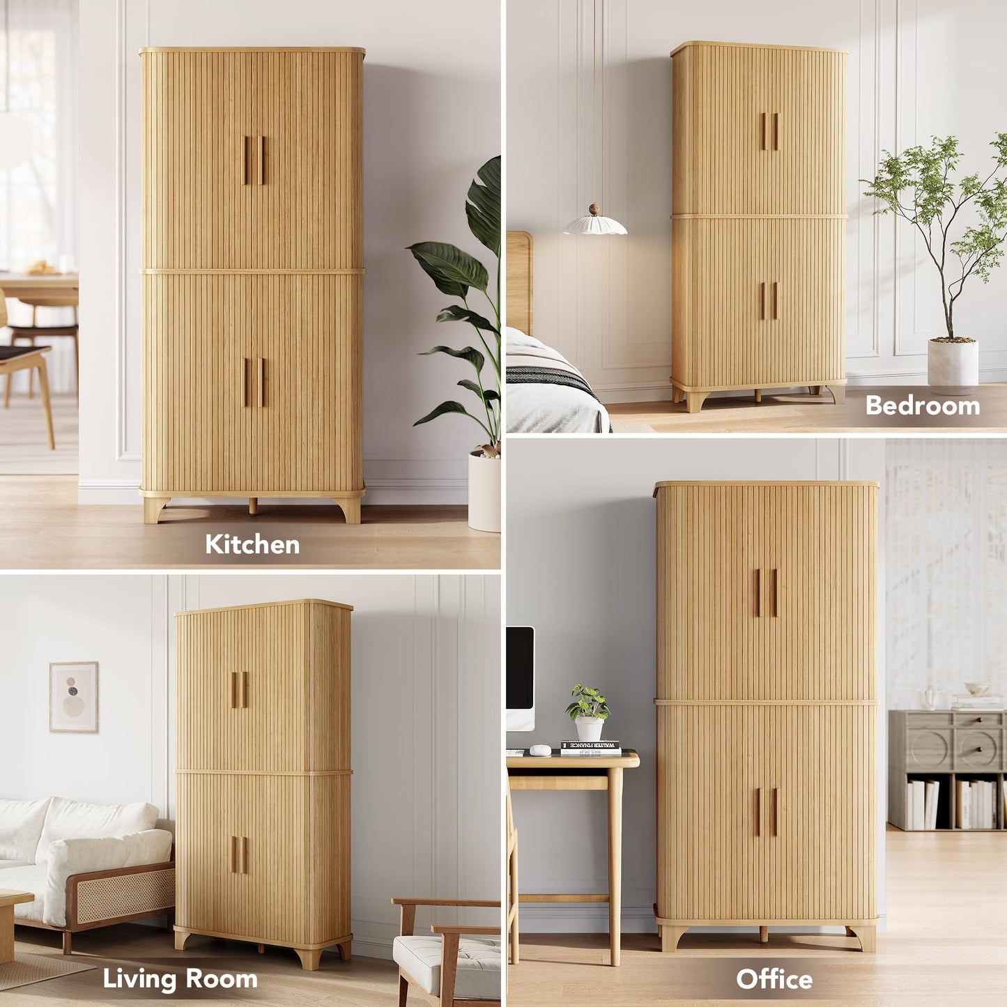 Decofy 69" Tall Kitchen Pantry Storage Cabinet with Sliding Door, Modern Curved Edge Pantry Storage Cabinet with 5 Shelves, Cupboard for the Kitchen, Dining Room, Bedroom, Living Room, Office (Oak)