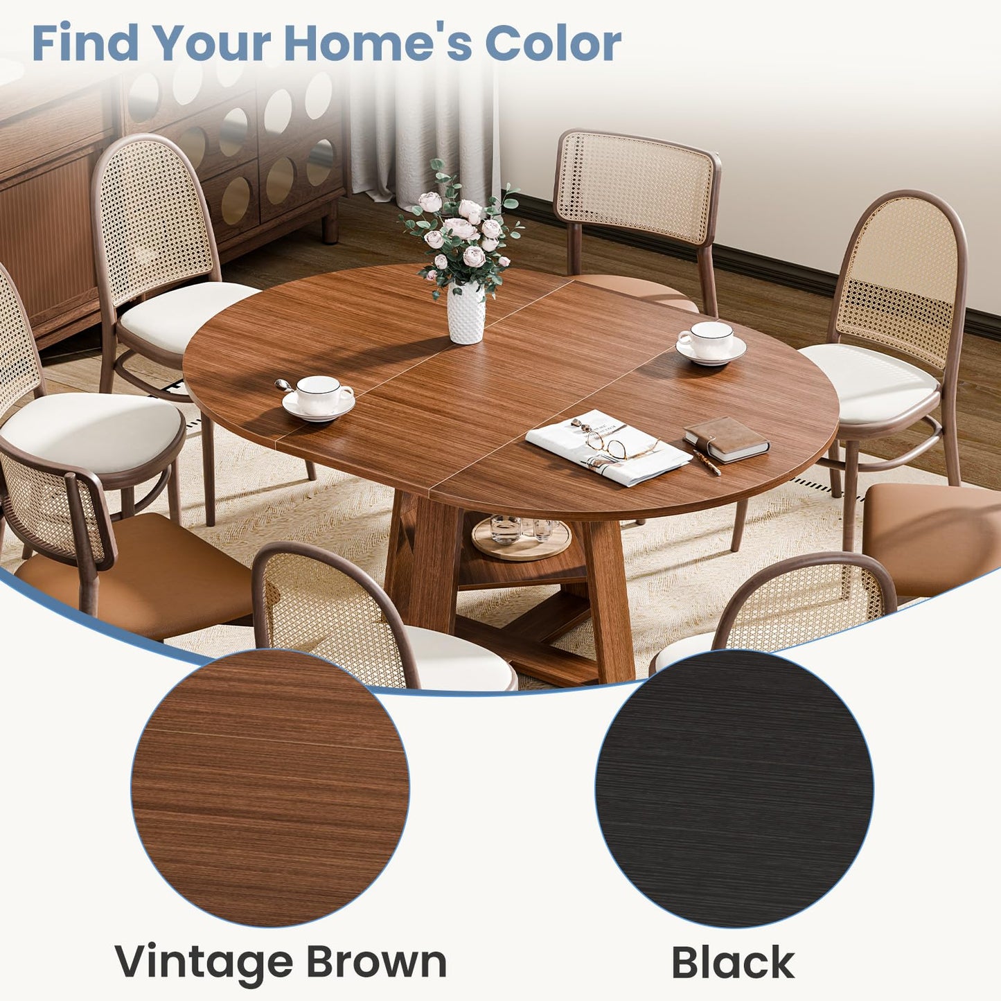 HAPPYMONT Extendable Round Dining Table for 4-8, Space Saving Kitchen Wooden Table with Storage Shelf and Sturdy Base for Kitchen, Dining, Living Room, Brown