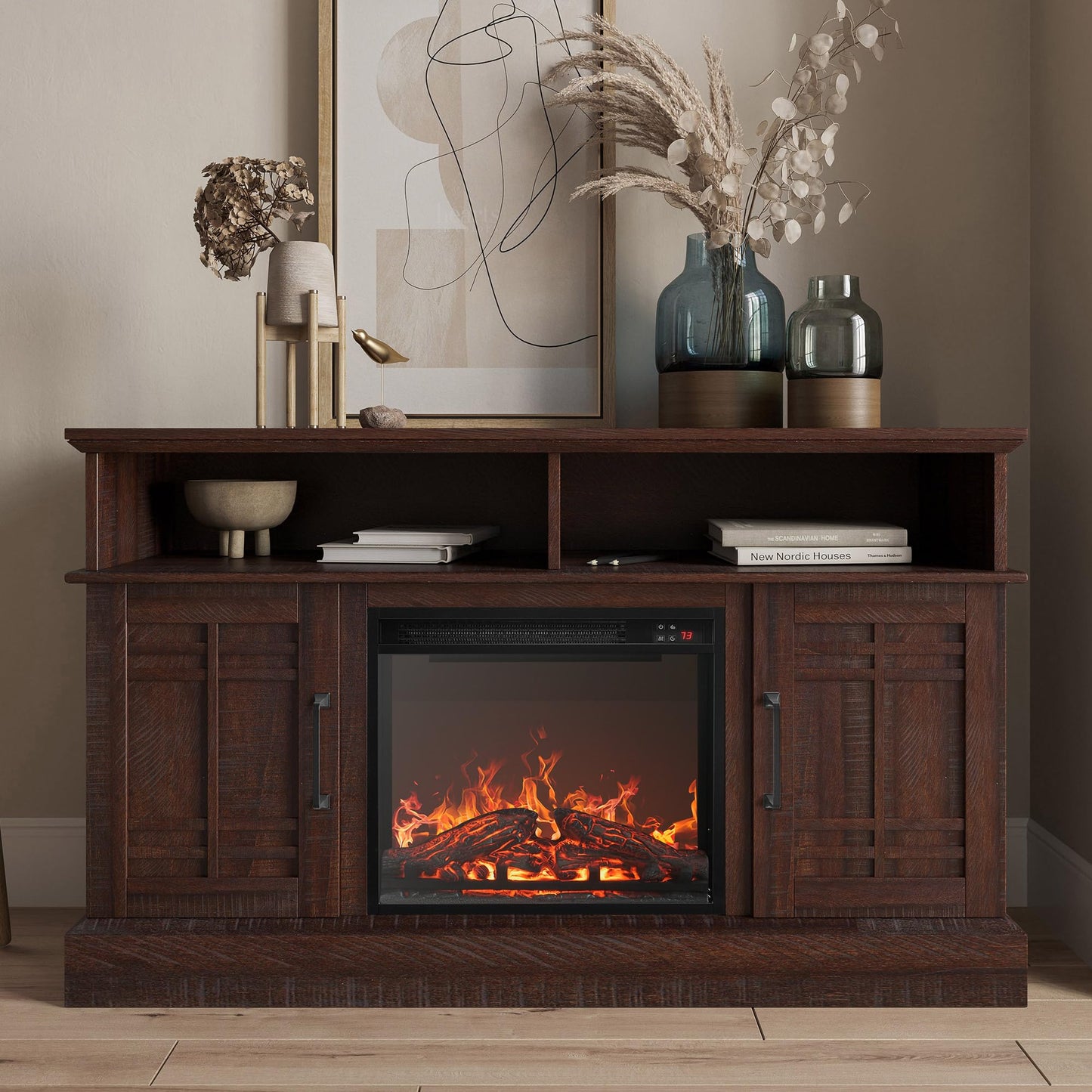 BELLEZE 48" TV Stand with 18" Electric Fireplace Heater, Modern TV Stand for TVs up to 50", Entertainment Media Stand with Open Shelves and Storage Cabinets for Living Room, Bedroom (Espresso)