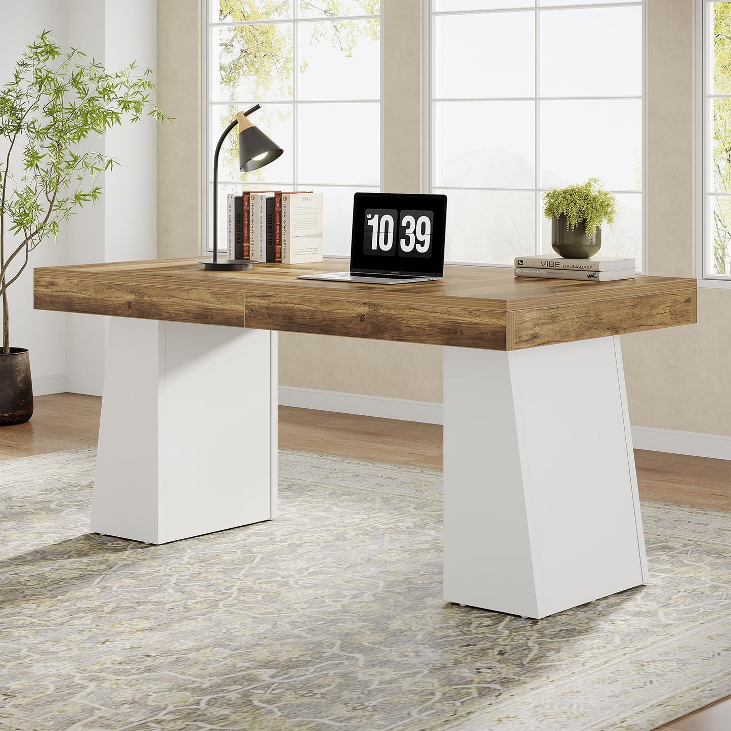 Tribesigns 55" Executive Desk, Wooden Office Desk with Double Pedestal, Modern Simple Computer Writing Table for Home Office, Brown & White
