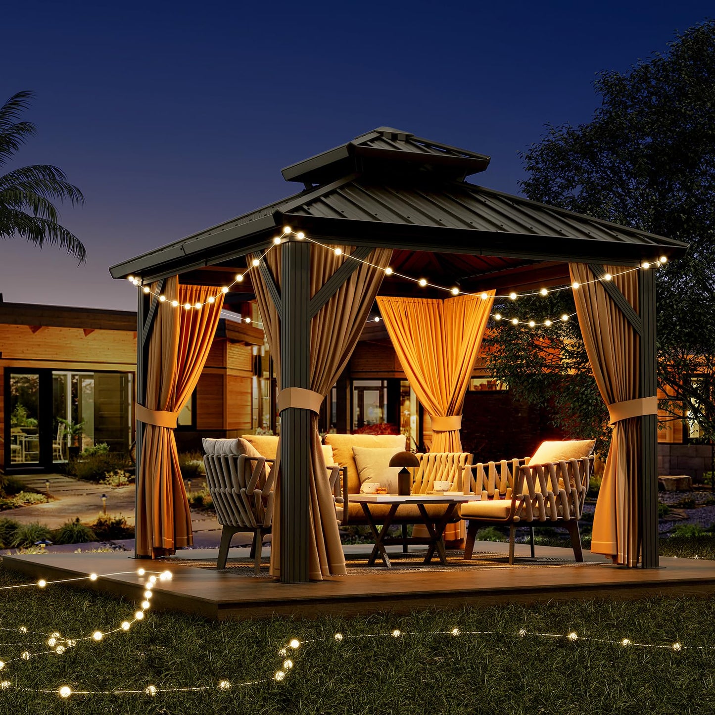 GAOMON Hardtop 10x12ft Gazebo, Double Roof Canopy with Netting and Curtains, Wood Grain Outdoor Gazebo Galvanized Iron Aluminum Frame Garden Tent for Patio, Backyard, Deck, Lawns