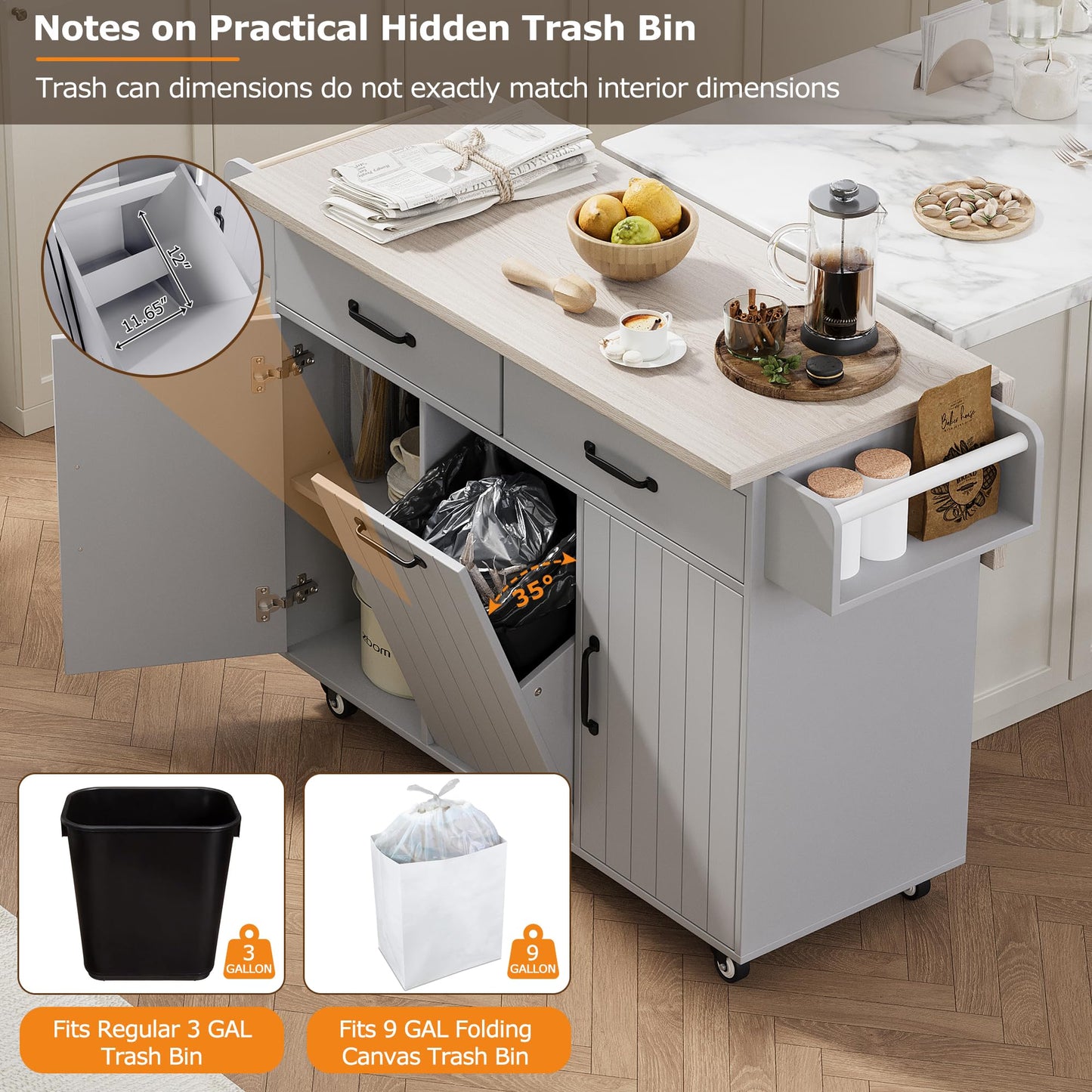 Ball & Cast Kitchen Island with Trash Can Storage Cabinet,Kitchen Cart W/Drop Leaf,Spice Rack,Towel Rack and Drawers,Rolling Kitchen Islands on Wheels W/Adjustable Shelf for Dining Room,Grey