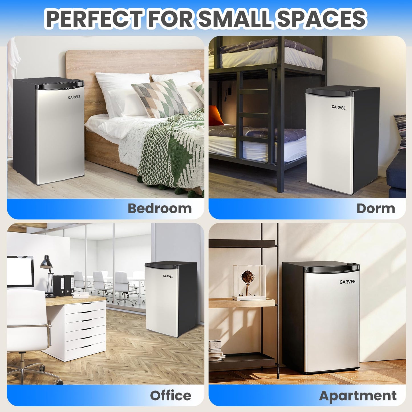 Garvee Compact Mini Fridge with Freezer, 3.2 Cu.Ft - Dual Zone Temperature Control, Single Door, 7 Adjustable Settings, Removable Shelves, Quiet & EnergEfficient - Ideal for Bedroom, Office, Dorm