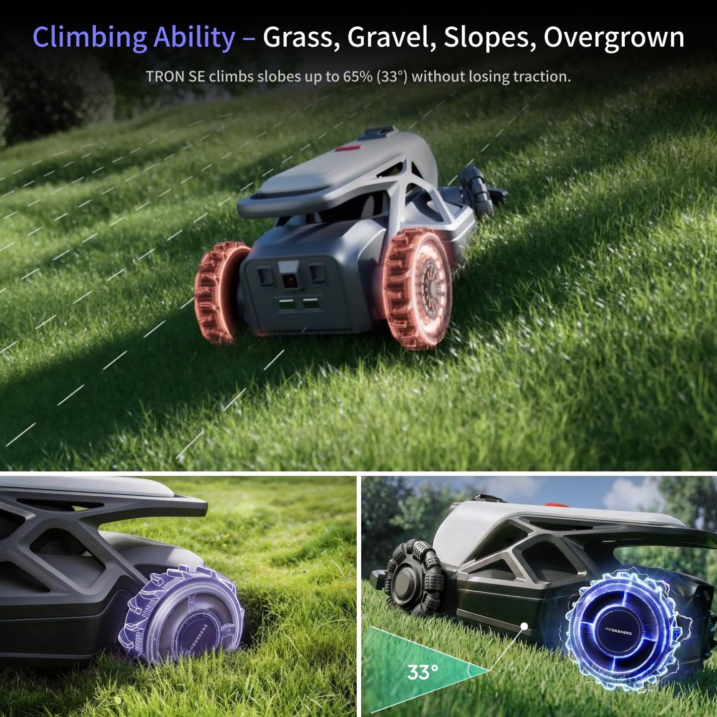 AIRSEEKER TRON SE Robot Lawn Mowe,r Wire-Free,Lawn Mower Reception 0.45 Acre,Antenna-Free NetRTK+AI Vision,65% Slope 140° Obstacle Detection,80 Multi-Zone Management, IPX6 Waterproof,10Ah