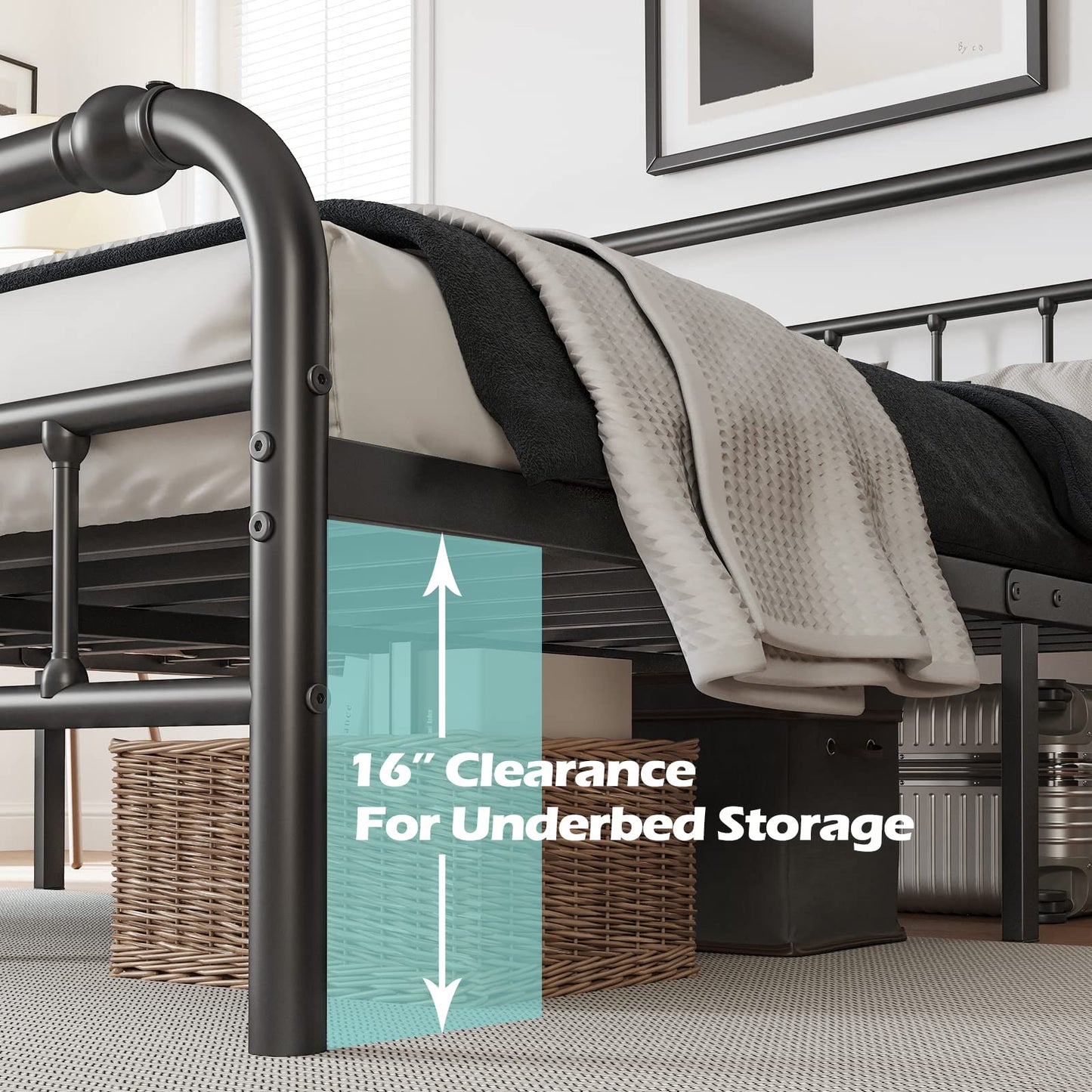 BOSRII Full Size Bed Frame with Headboard and Footboard, 18 Inches High, 3500 Pounds Heavy Duty Metal Slats Support for Mattress, No Box Spring Needed, Noise-Free, Black